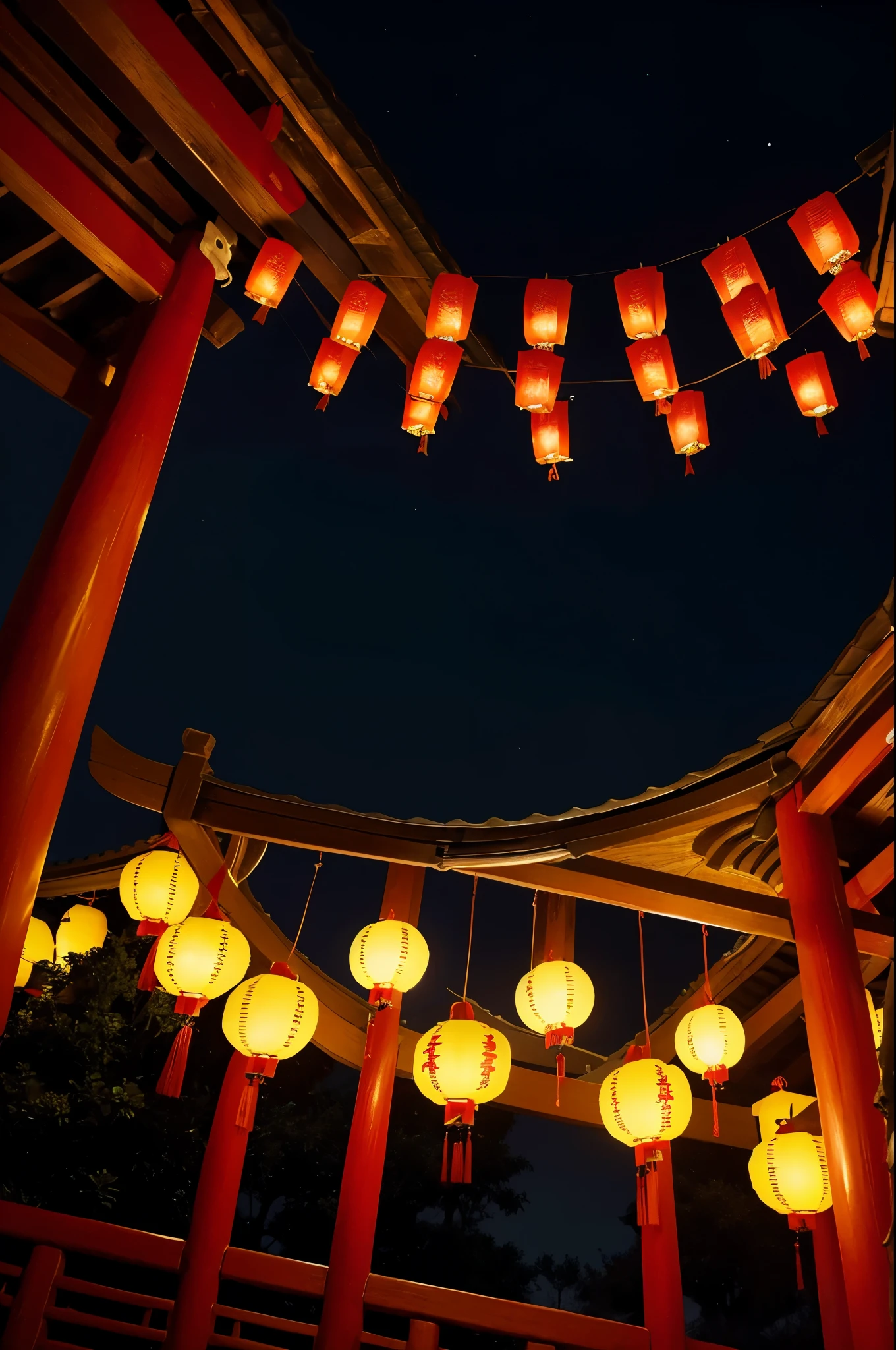 Lanterns hanging from red Chinese style eaves,Lanterns swaying in the wind,Black night sky,The lantern is dim yellow