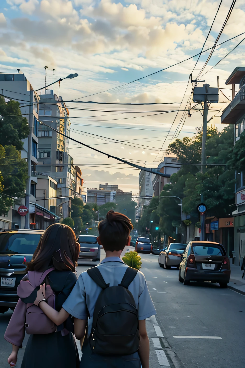 couple walking down the street with backpacks, early evening, in city street, during dawn, in the evening, late afternoon, view in the distance, in the middle of the street, at a city street, in a street, haze over the shoulder shot, taken at golden hour, in the middle of the city, in the street
