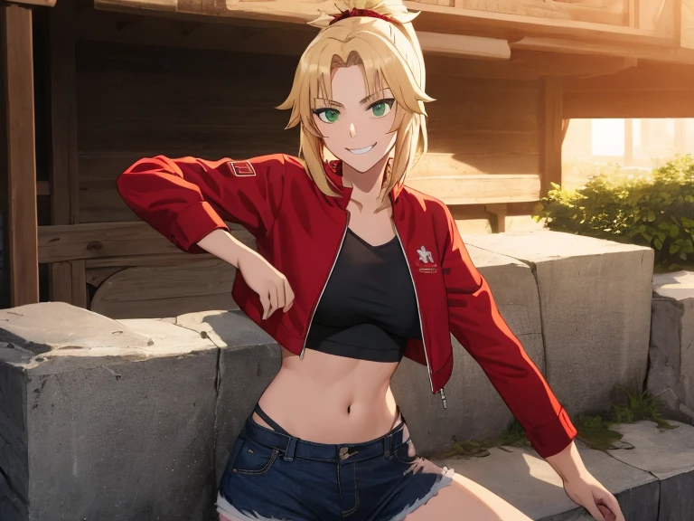 incomparable masterpiece, ultra 8k CG, perfect art, modred, (green eyes:1.5), blonde hair, ponytail, short hair, scrunchie, red scrunchie, hair scrunchie, denim, denim shorts, jacket, midriff, navel, red jacket, short shorts, shorts, tube top, black line white top, high res, ultrasharp, 8K, ultra high resolution, beautiful detailed eyes, hyper-extreme details, best quality, perfect illustration, an extremely delicate and beautiful, extremely detailed, CG, 8k wallpaper, amazing, finely detailed, official art, huge file size, ultra detailed, extremely detailed, beautiful detailed girl, extremely detailed eyes and face, smiling, sunset background, hill background, smirking