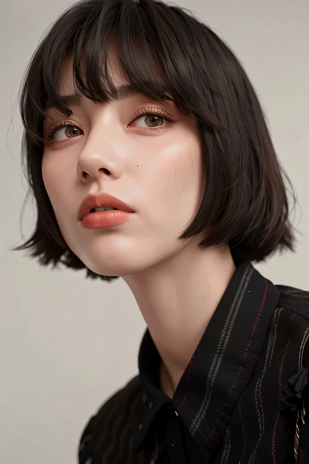Close-up of a woman with short black hair, French bob, French Bob Hair, Short hair details,through bangs, Center slit fringe, with short black hair,through bangs, chin length hair, tidy hair,through bangs, with short brown hair,through bangs, Kurtz Dunks Hall, Black Shiny Bob Hairstyle, She has black hair,through bangs, black bob hair