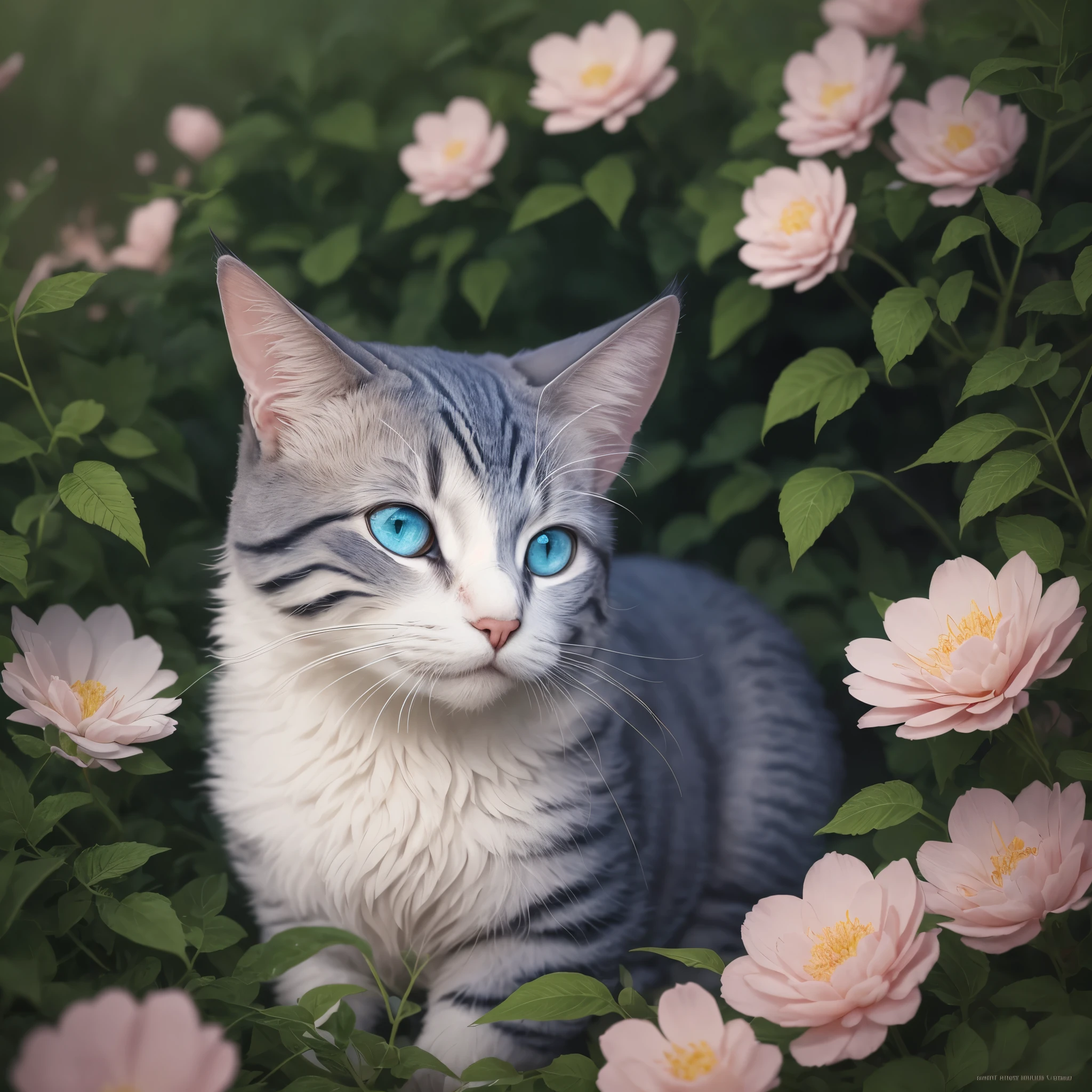 Art,There is a blue-eyed cat surrounded by flowers, 4k highly detailed digital art, Cute detailed digital art, 4K detailed digital art, Detailed painting 4 K, Beautiful art UHD 4 K, Beeple and Jeremiah Ketner, Beautiful digital artwork, intricate digital painting, cat detailed, gorgeous digital art, Detailed digital 3D art, Highly detailed digital art --auto --s2
