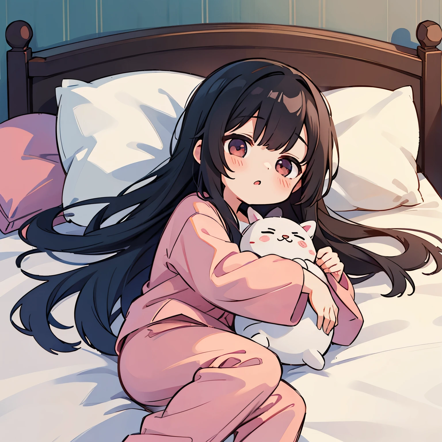 1人、girl with、Long black hair、Eyes are red、Sleeping in bed、s Pajamas、unclear、kawaii、Looking at the camera