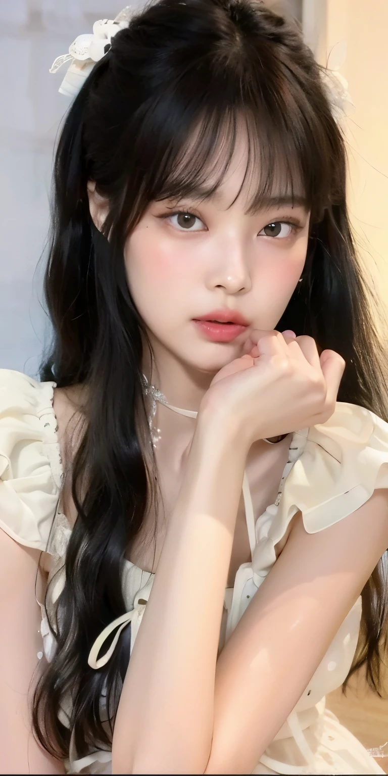 um close up de uma mulher com cabelos longos usando um vestido branco, Lalisa Manobal, Ulzzang, Jaeyeon Nam, Jinyoung Canela, Lalisa Manoban do Blackpink, foto de perfil headshot, wan adorable korean face, coreana, com bonito - fino - rosto, Xision Wu, Xintong Chen, young cute wan asian face, Shikami