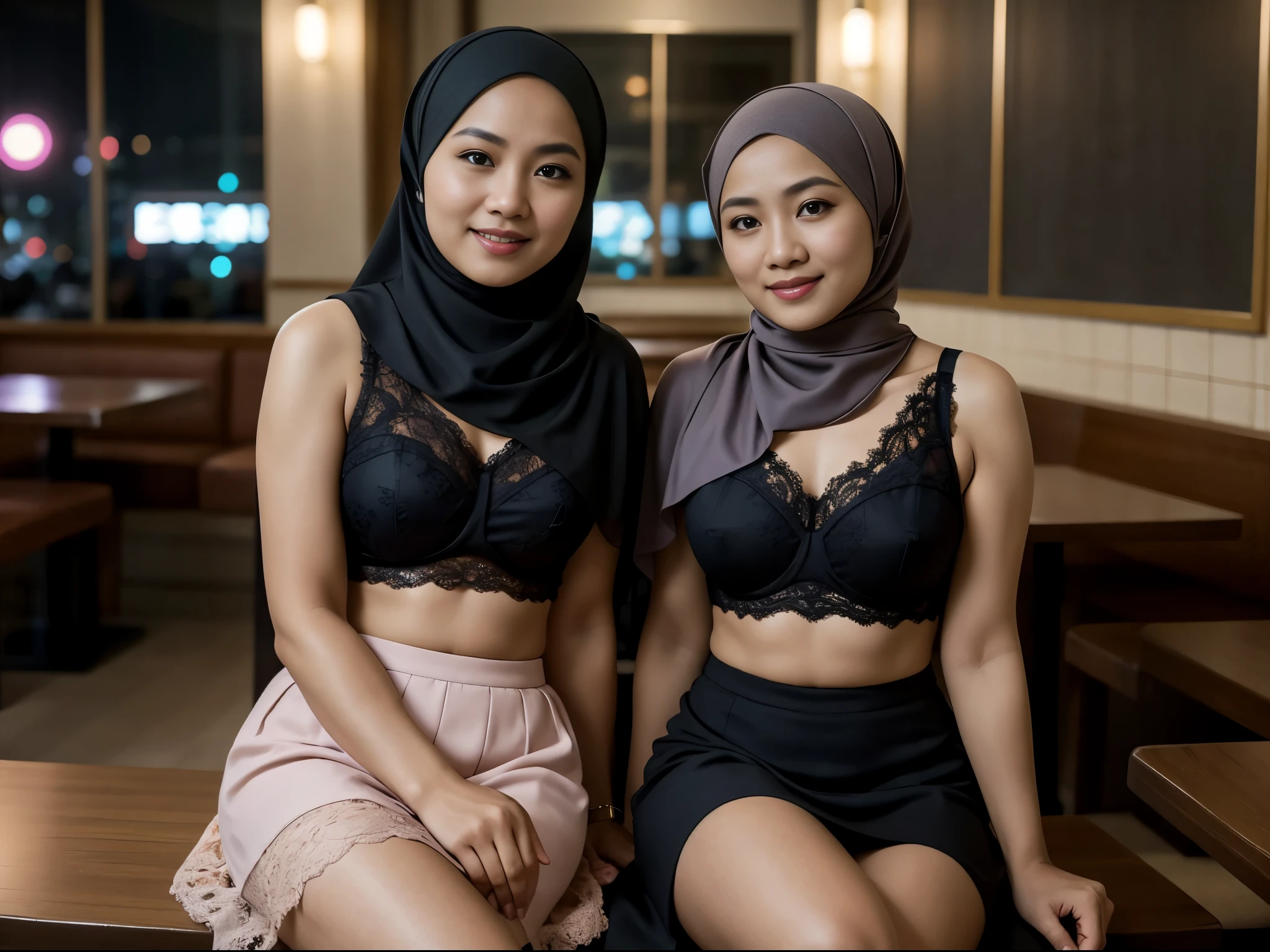 2 Matured malay women seat and seducing in the cafe , wearing hijab with lace bra and platted short skirt, smiling, matured, 40 years old, perfect body, matured body, detail skin texture, professional lighting, bokeh, nighttime, soft lighting, blur background, portrait photography, medium shot, 35mm lense, Over-the-shoulder shot, pastel color grading, depth of field cinematography, western film style, high quality, ultra detail, 8k resolution