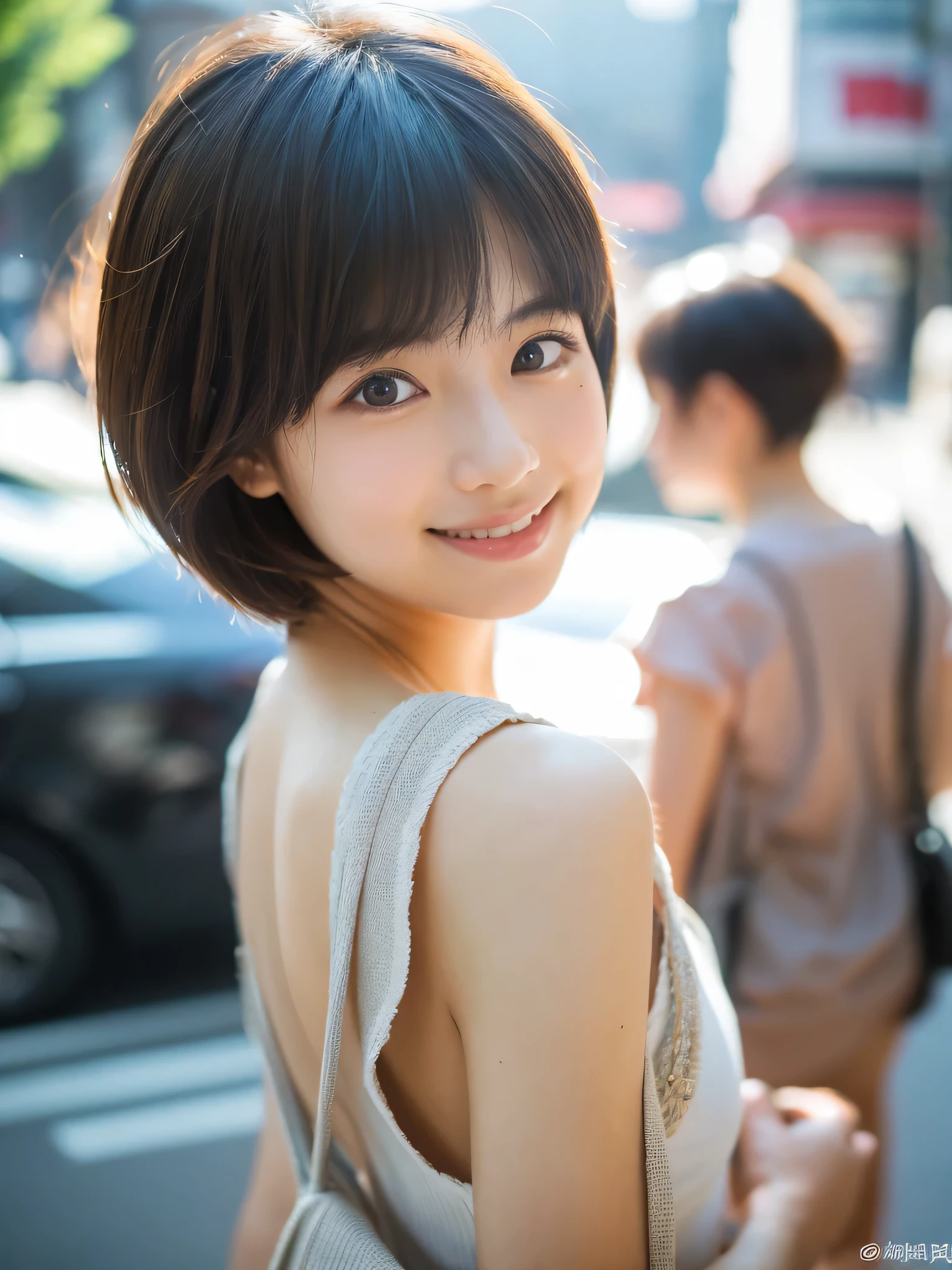 super high quality, Short Hair, Slender, Gravure photoshoot, The staff is working at the counter in the back., (8K、RAW Photos、Highest quality、masterpiece:1.2), Japanese Idol, Stylish café, The cafe is crowded with people enjoying themselves., (Realistic、Photorealistic:1.37), Mesh Hair, Urban Cafe, Golden Ratio, Raw photo, Cute face , Light Brown Hair, Small breasts, Bright cafe interior, Summer clothes, Cafe Terrace, Open Cafe, A kind smile, Hair blowing in the wind, Neat clothes, boyish, ベリーShort Hair, 18-year-old, younger sister, Stylish clothes,