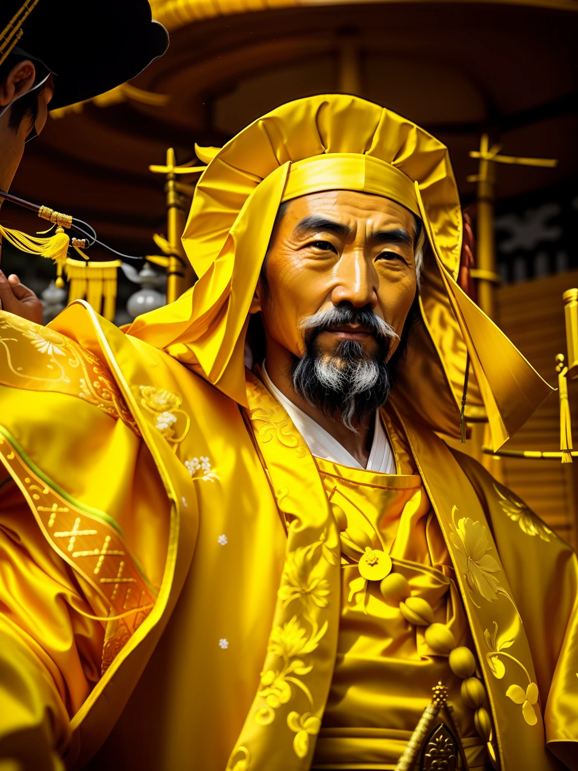 Close-up of a man wearing a yellow hat and yellow robe, Inspired by Shihaku, inspired by Hu Zaobin, guanyu, inspired by Huang Shen, naranbaatar ganbold, Inspired by Huang Ding, inspired by Wu Daozi, inspired by Li Kan, Magnificent Magnificent Degen Trader, bian lian