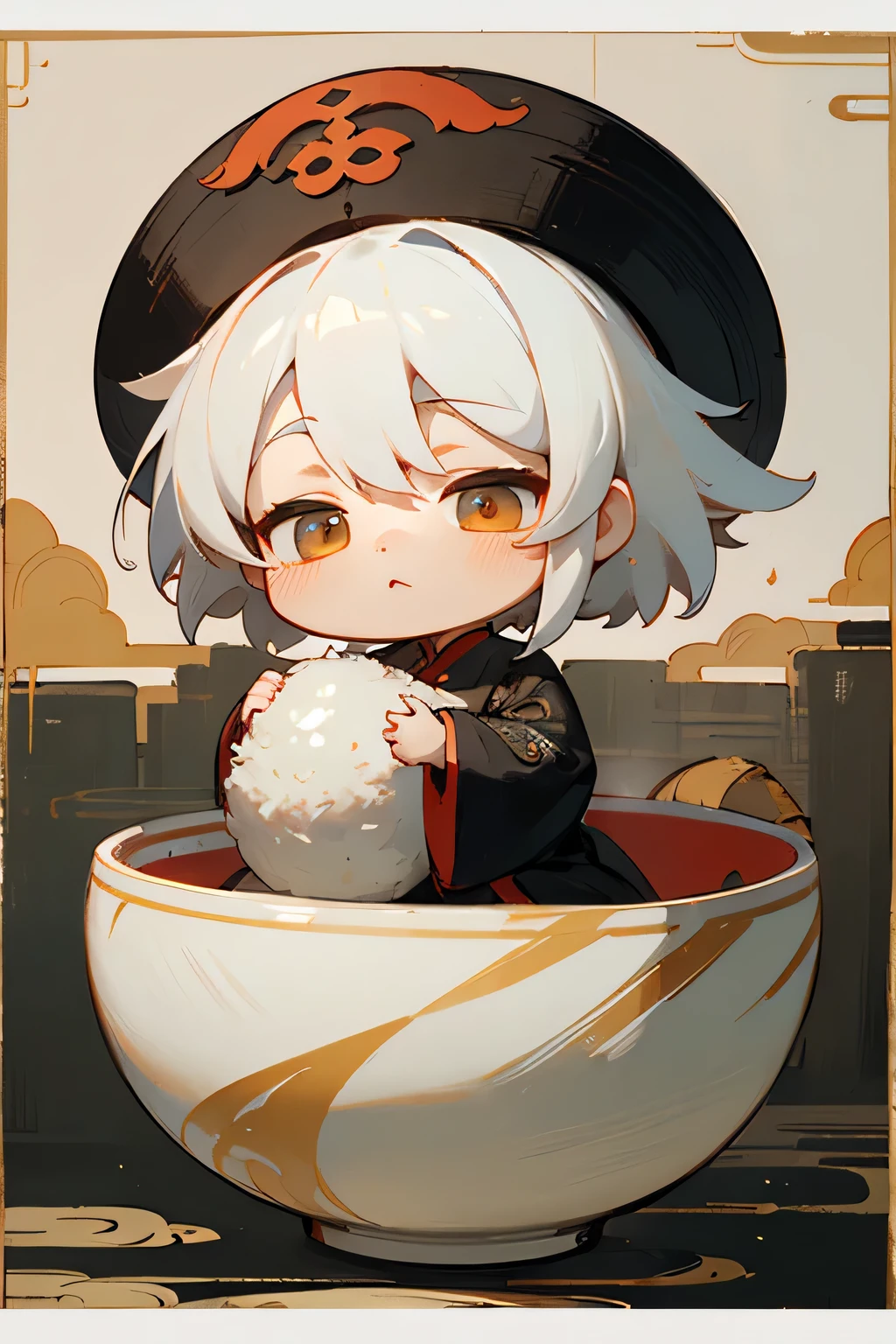 glutinous rice personification,White hair,tchibi,ancientry,qing dynasty painting, traditional painting, old chines painting, 1080p, 中国ancientry艺术风格