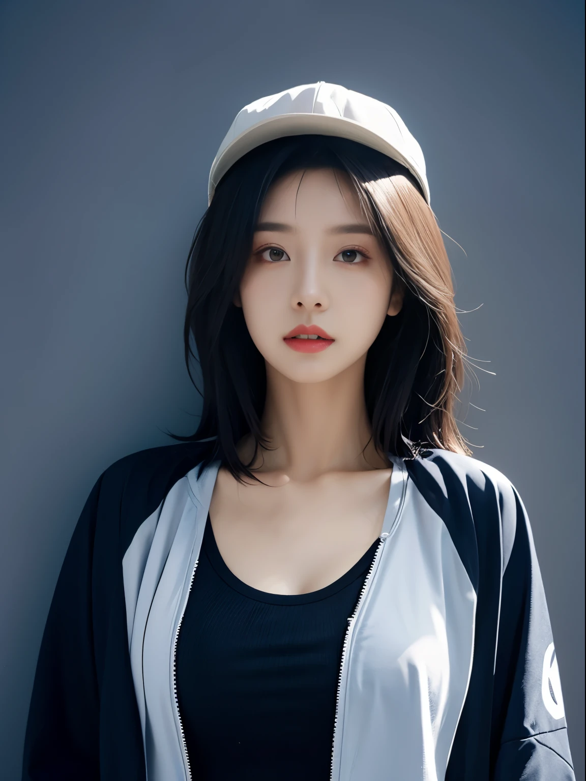 tmasterpiece, Best quality at best, 4K, hyper HD, Sanzhuang City, painting of a, Beautiful eyes and delicate face, illustratio, Beautifully meticulous, high resolution illustratio, glowing_The white_Particle, 1个Giant Breast Girl, The white hair, Lilac eyes, hair covering one eye, short side details, baseball cap,face expressionless, 窗帘, Black jacket, equip, cyber punk perssonage, techwear outfits,(Impresionismo:1.4)