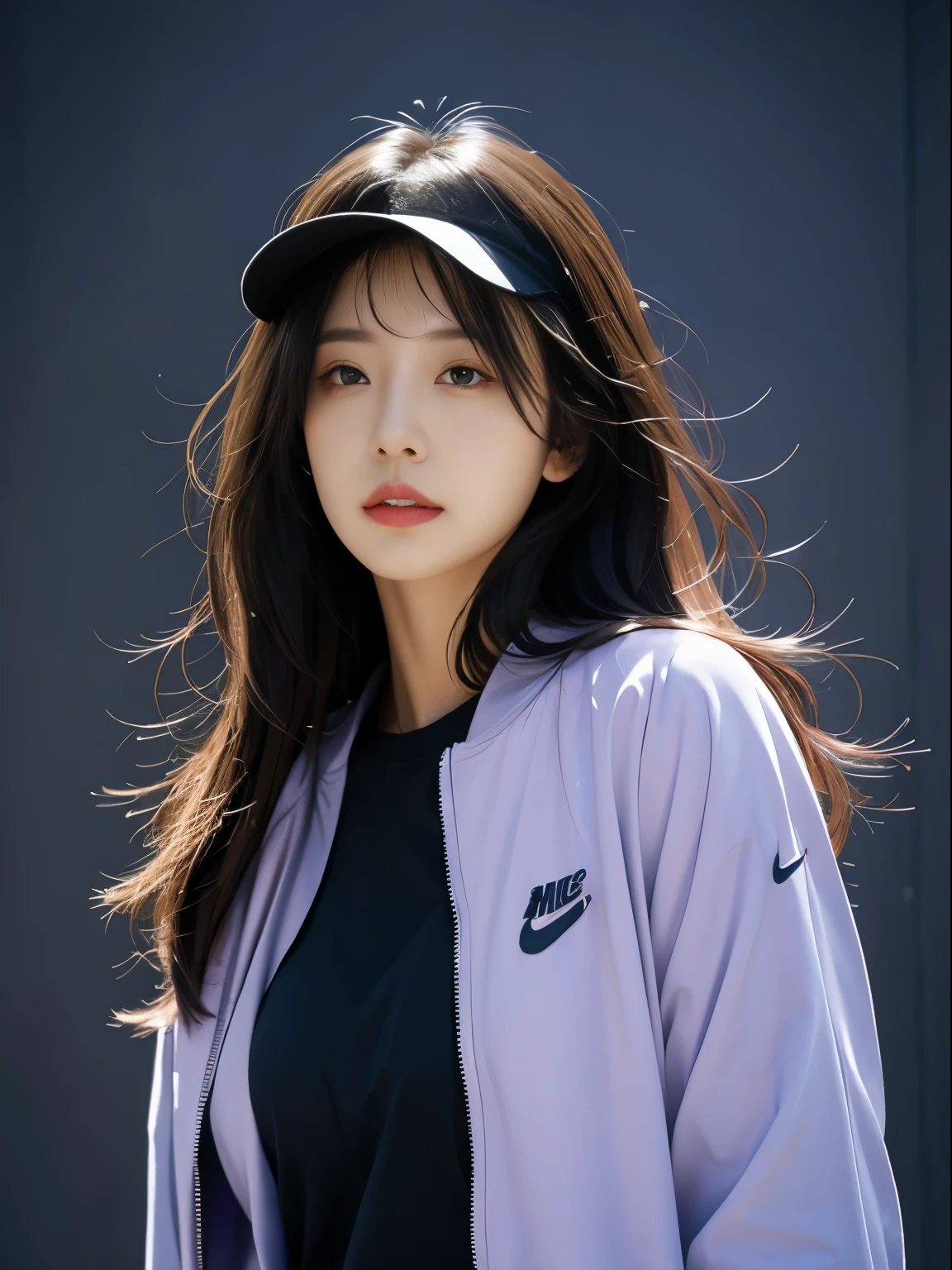 tmasterpiece, Best quality at best, 4K, hyper HD, Sanzhuang City, painting of a, Beautiful eyes and delicate face, illustratio, Beautifully meticulous, high resolution illustratio, glowing_The white_Particle, 1个Giant Breast Girl, The white hair, Lilac eyes, hair covering one eye, short side details, baseball cap,face expressionless, 窗帘, Black jacket, equip, cyber punk perssonage, techwear outfits,(Impresionismo:1.4)