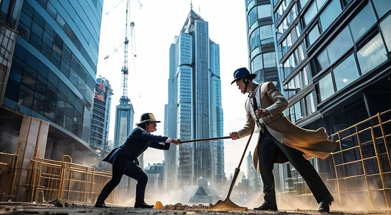 A cute illustration depicting an architect and a magician fighting at the construction site of a skyscraper