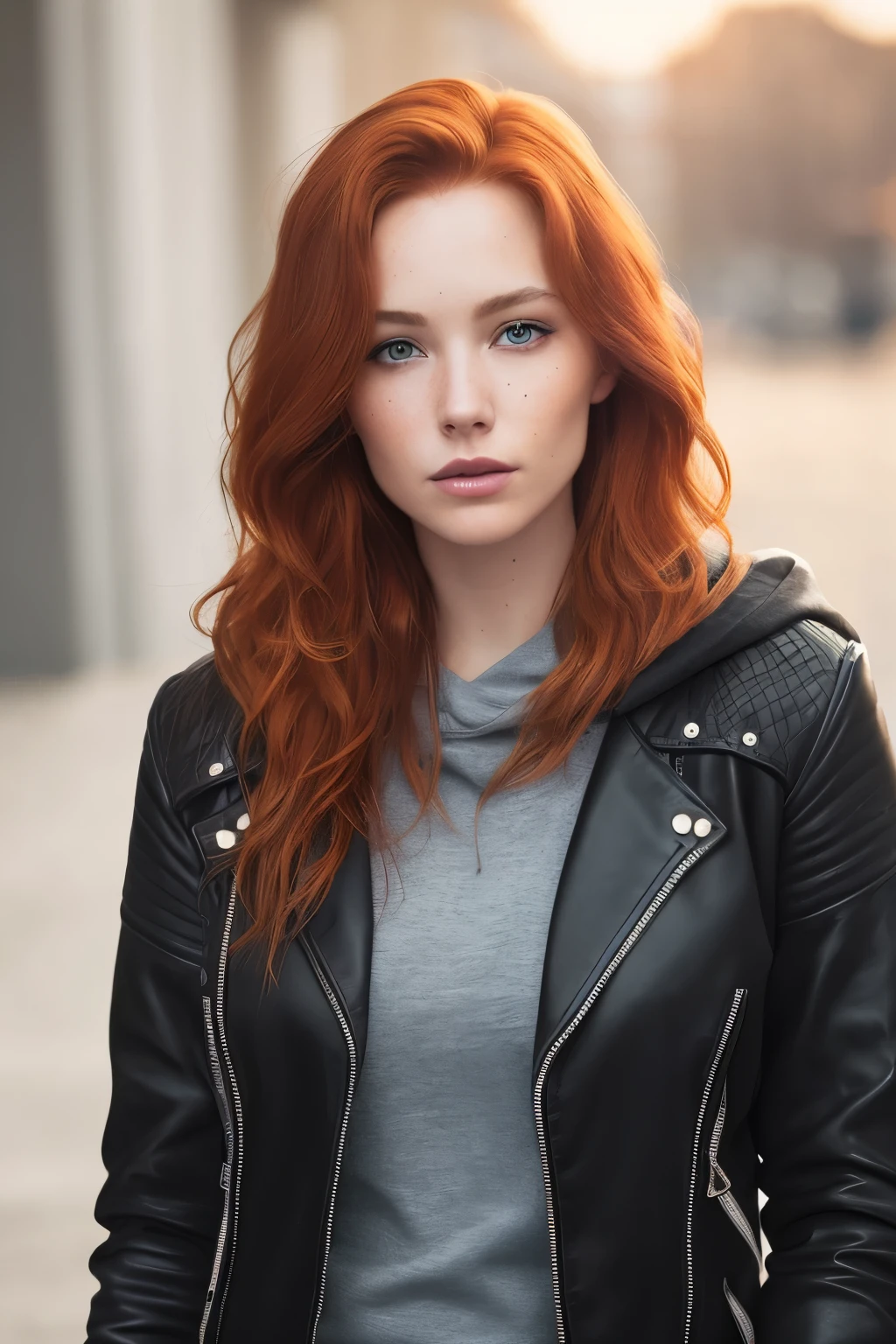 a photo of a seductive woman with loose styled (redhead hair:1.1), bored, she is wearing a hoodie and black leather jacket and leggings, mascara, (textured skin, skin pores:1.1), (moles:0.8), imperfect skin, goosebumps, flawless face, (light freckles:0.9), (sun-kissed:1.1), ((photorealistic):1.1), (raw, 8k:1.3),