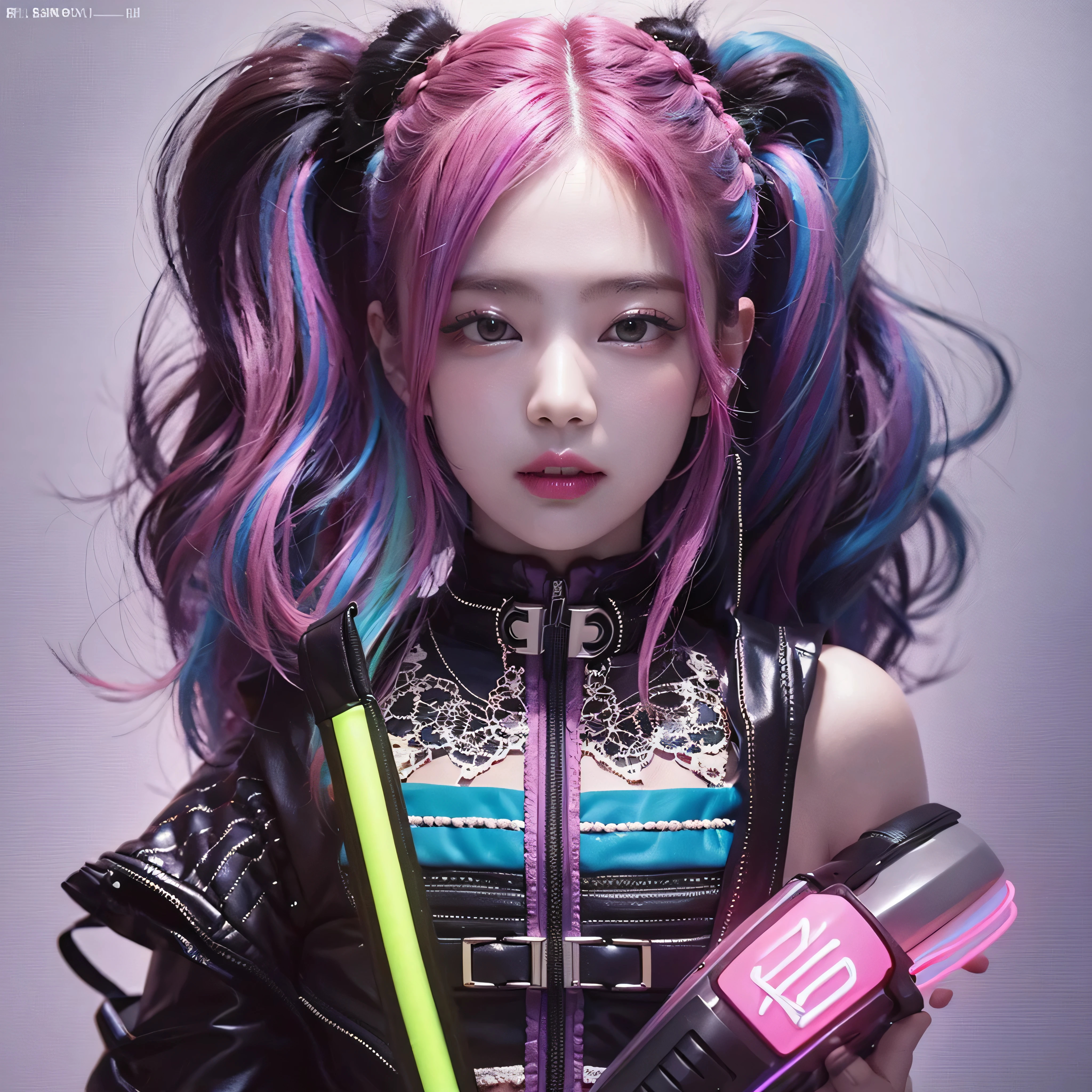 (masterpiece, top quality, best quality, official art, beautiful and aesthetic:1.2), (photoreal:1.5), BREAK 1 girl with a bunch of candy and a candy machine in her hand and a pink background with stars, upper body,smiling break Alice Prin, photo, a detailed painting, pop surrealism, (neon color hair:1.5),strong wind,giant marshmallow candy machine break needlework, intricate designs, textile art, handmade details, creative expression, colorful threads, cyberpunk, neo-dada BREAK, Jennie Kim,