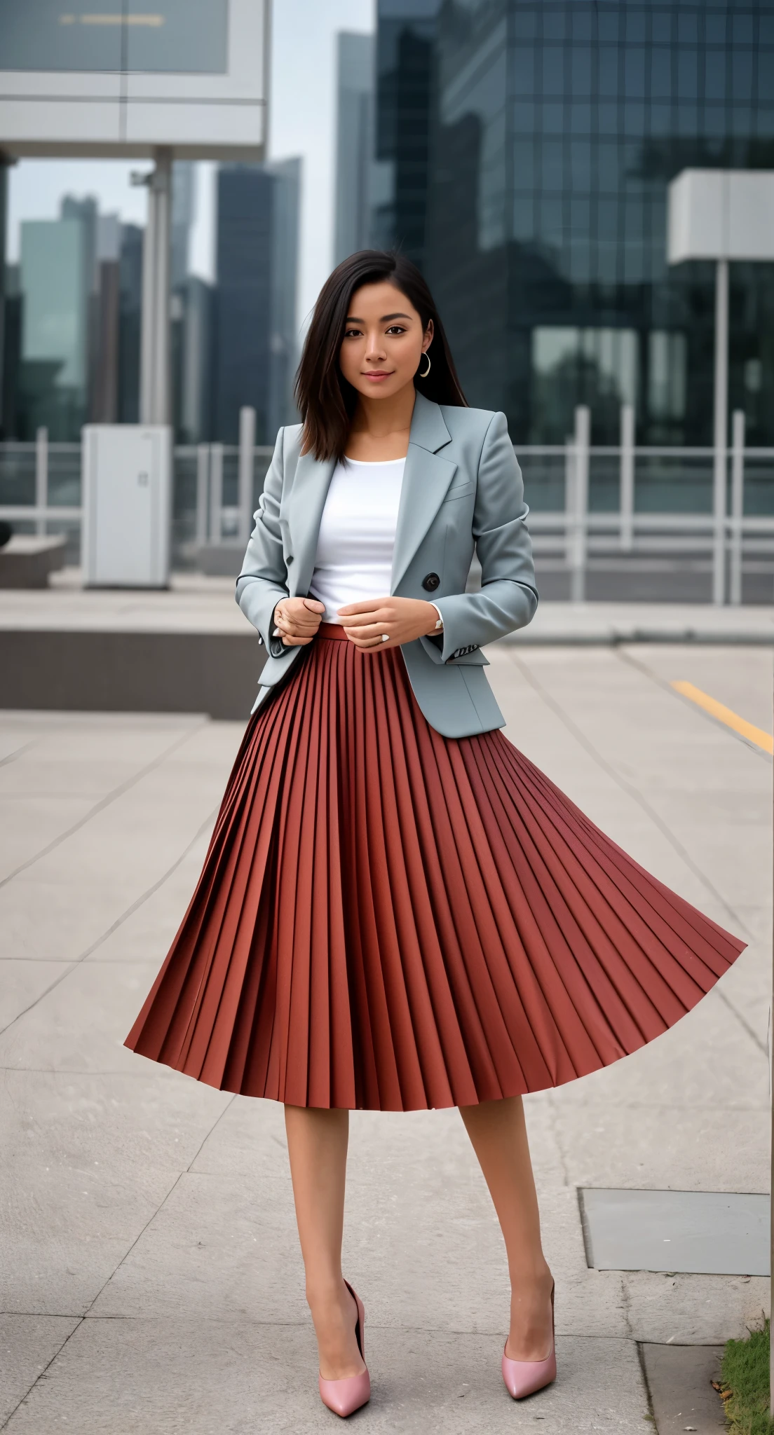 (shy:1,3) smiling woman playing with skirt, dancing, wearing short blazer and very very detailed (long (fully pleated) full circle skirt) and () low heeled office shoes, very very intricate hyper-detailed symmetric (attractive graceful young feminine face) with (sad, tired eyes and a shy smile), large breasts, full of empathy and compassion and love, (pronounced (feminine) features), (highly detailed ultra accurate realistic) hands and fingers, (windy conditions and wind blowing), epic composition, highly detailed attributes, highly detailed space station background, (35mm f1.4 Kodak portra 400 photograph), extremely high quality RAW photograph,