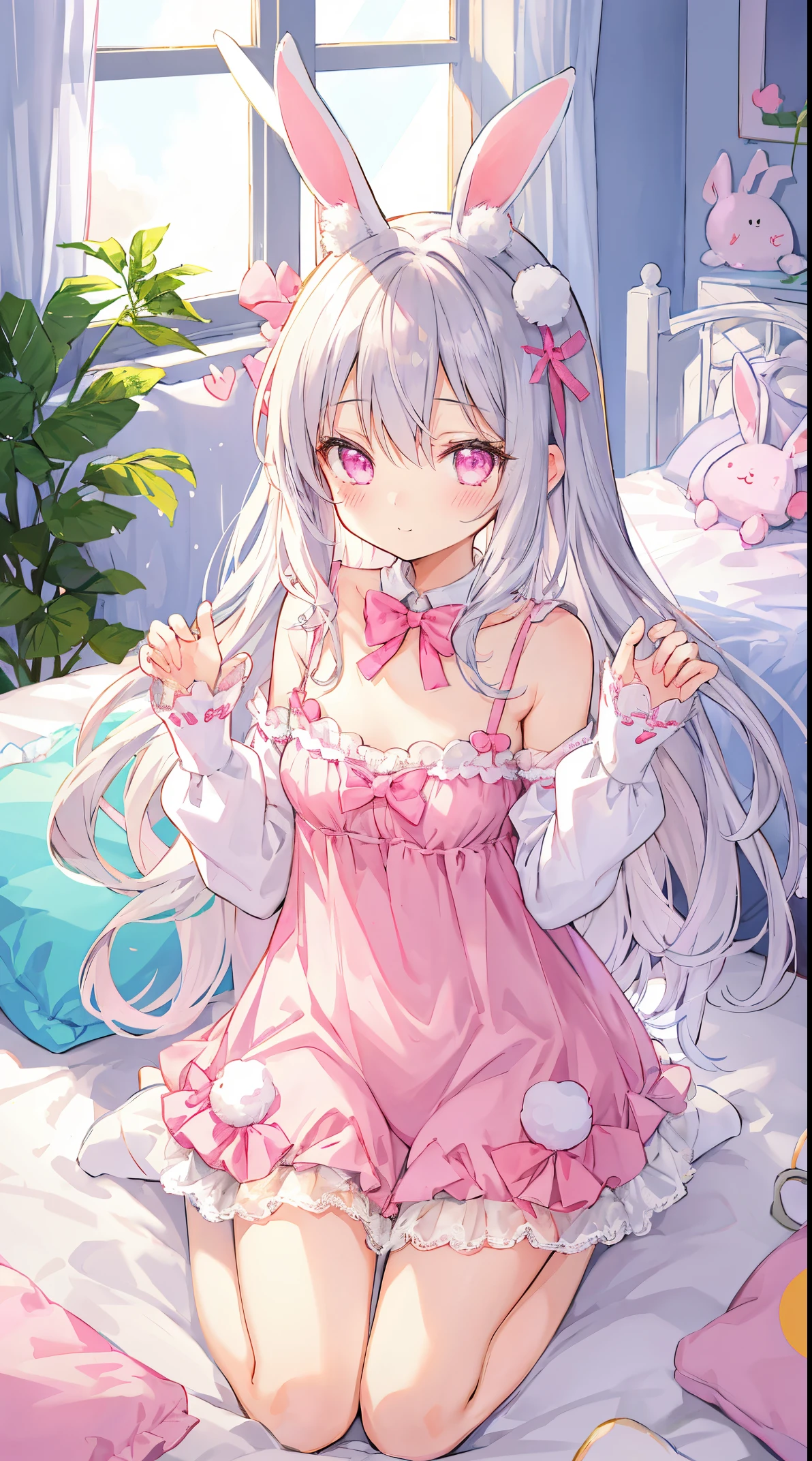 beautiful illustration, best quality, cute girl, bedroom, pastel color, fluffy bunny ears, petite, silver long hair, rabbit stuffed toy, bright lighting, light pink eyes