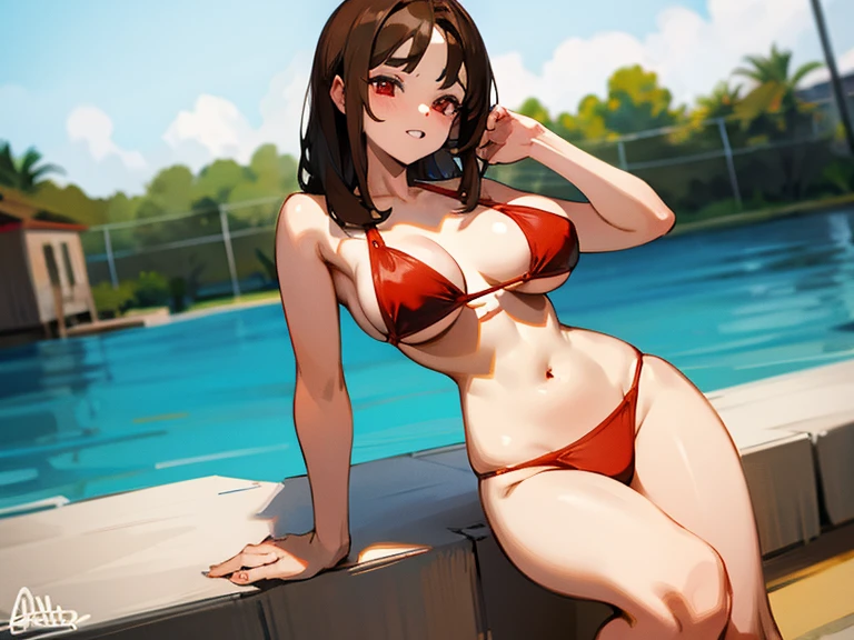 brunette red eyes big tits wearing bikini