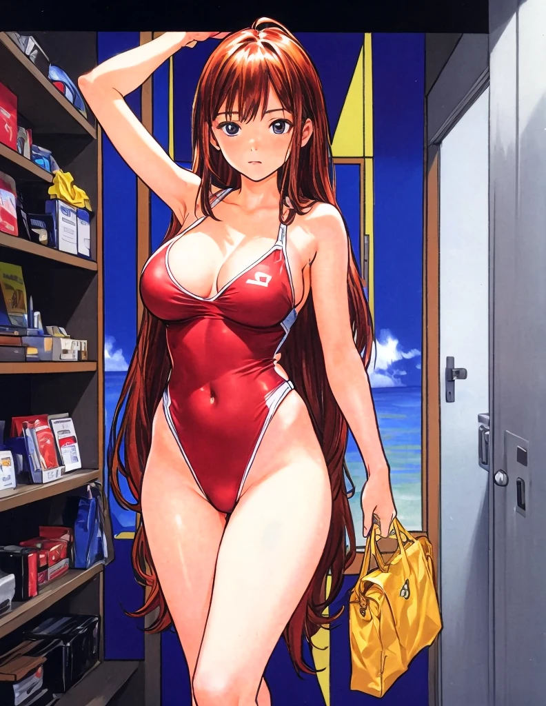 A beautiful woman with long, shoulder-length hair, big breasts, and beautiful legs is standing in a changing room with her legs spread apart in a red competitive swimsuit.。