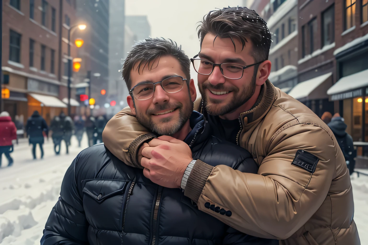 Award-winning original photos，2men, wild muscular men, (40 years old daddy:1.1), beards, burly, hunk, jackets, smilling happily, one of the man wearing glasses, standing on a snowy city streets, cold atmosphere, snowy, hugging, detailed, lovely, faces closeup