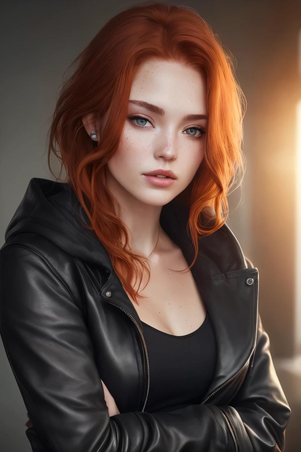 a photo of a seductive woman with loose styled (redhead hair:1.1), bored, she is wearing a hoodie and black leather jacket and leggings, mascara, (textured skin, skin pores:1.1), (moles:0.8), imperfect skin, goosebumps, flawless face, (light freckles:0.9), (sun-kissed:1.1), ((photorealistic):1.1), (raw, 8k:1.3),