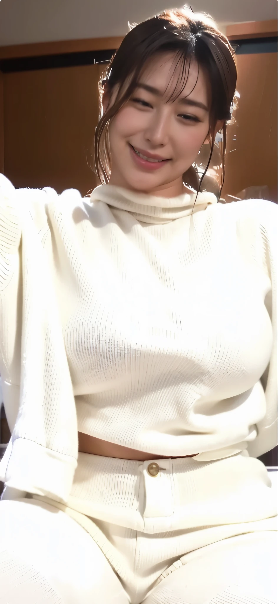 Big bouncy bouncy breasts、Perfect style、Wearing a white high neck knit sweater、Pants are black