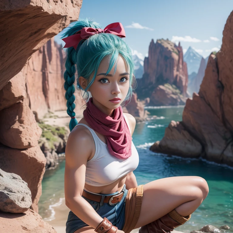 dragon ball, blmpony, 1girl, ((aqua blue hair)), (red) hair ribbon, single braided ponytail, (pink shirt), brown belt, aqua blue scarf, ((pink skirt)), clothes writing, brown gloves, medium breasts, (bulma), beautiful short woman, (symmetrical beautiful detailed eyes:1.2), small stature, naked, posing in front of rocks, mountains in the background, raw photo, highly detailed, ultra hd, 8k, pussy visible, (photorealistic, hyperdetailed:1.2), seductive look, skindentation, lustrous skin, (solo)