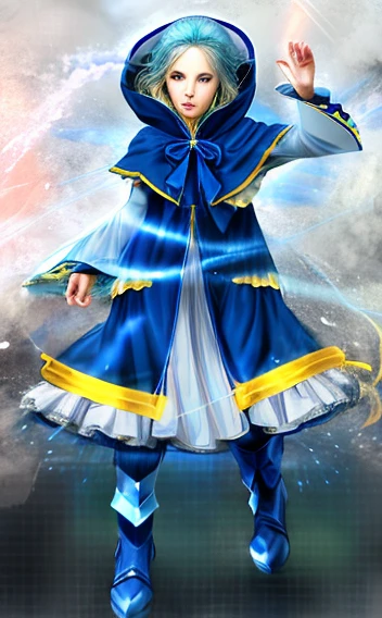 "(best quality, realistic), woman in a blue and yellow outfit, flowing magical robe, blue cloak