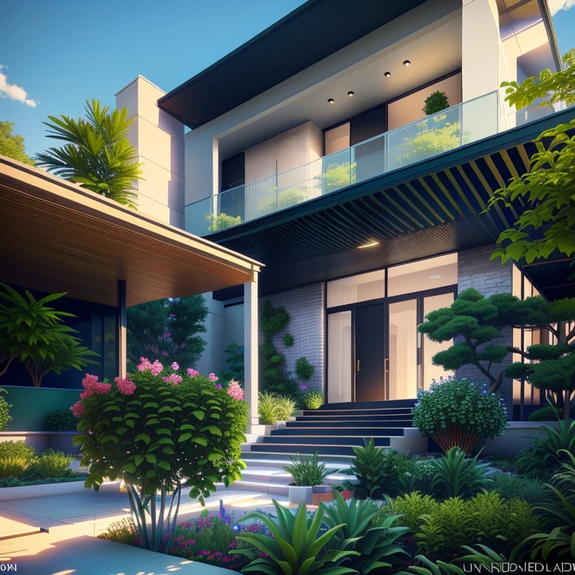 there is a house with a lot of plants and flowers in the yard, architectural 3 d render, exterior design, award-winning render, lumion rendering, lumion render, professional render, precise architectural rendering, beautifully detailed render, rendered in lumion pro, high quality rendering, fully detailed render, architectural visualization, architectural rendering, luxcore render, insanely detailed rendering