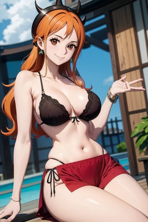 Nos, Noite, clivagem, olhos castanhos profundos, lingerie vermelha, Estrelas, lua, Ambiente externo, Japanese style house, seios grandes, full body display, white socks with hips facing the camera, (Hips facing camera 1.5),(Rosto afastado da lente 1.2 cabelos loiros, sorriso bonito, sorrindo para o espectador, bochechas coradas,