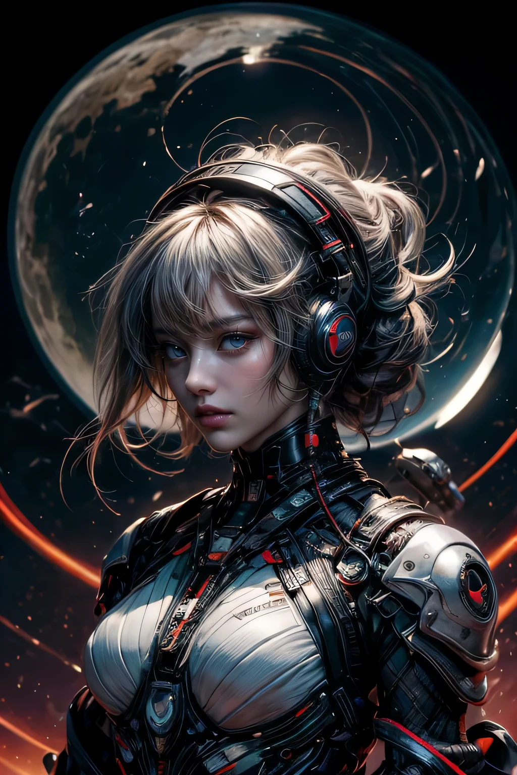 nffswメカニズム, Beautiful eyes, Upper body, (Mechanic Armor), Portrait、abyss、Shooting with a wide-angle lens,Lightning from Kaleidoscope Hand、flying though the air、flawless、Neon light, 8K, raw, Best Quality, masutepiece, 超A high resolution, Colorful, (medium wide shot), (Dynamic perspective), foco nítido , (depth of field f16), ighly detailedな目と顔,ninjartist, Trimmed gear:1.2), ((masutepiece, Best Quality)), Detailed background, Inside the spacecraft、Hold your weapon、Double exposure of a person and a spiral、(Gray hair)、brue eyes、dirty、bio luminescent、lots of crescent moons、Photographed with Canon R5,masterpiece,connected to the plug、spectrum、Space City、ighly detailed beautiful porcelain profile female android face、Complex 3D rendering of a headset、cyborgs、机器人部品、150mm、Beautiful studio soft lights、Rim Light、Vivid details、luxuriouscyberpunk、Ren Hao、surrealistic、Anatomical、Beautiful background of facial muscles、octan render、8K、top-quality、masterpiece、illustratio、extremely delicate and beautiful、ighly detailed、nffsw ,Unity ,wall-,magnifica, Attention to detail, masterpiece,top-quality,Official art,Highly detailed ticker Unity 8K wallpapers、机器人、Silver Halmet、