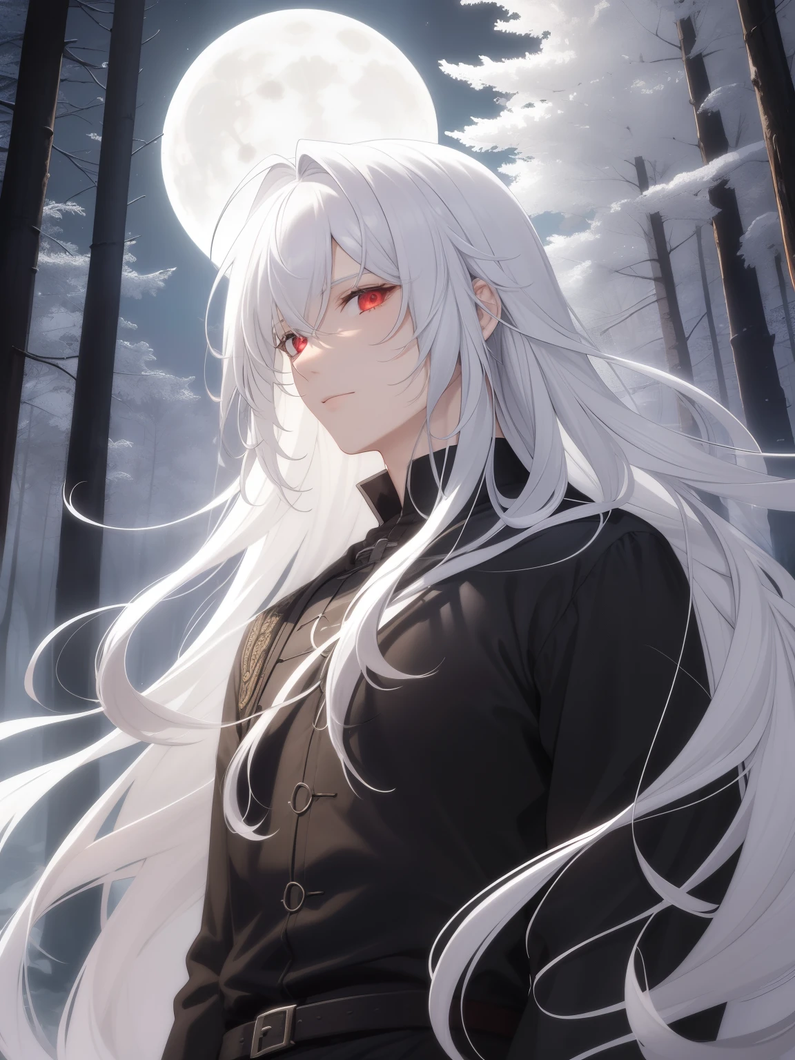 1male, calm, age 35 face, long messy hair with bangs, white hair, red colored eye, (forest, moonlight, moon), d&d, 8k, masterpiece, highly detailed, solo