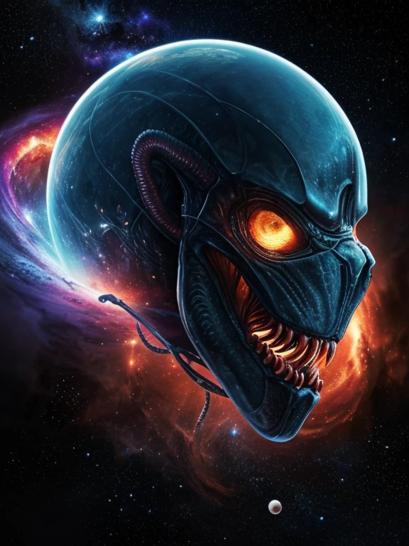 hyperrealistic full color is a portrait of a transparent translucent gigantic
alien ghost head silhouette as the firmament of the universe with very long
tentacle hair flying in the essence of elementary chaos, stars, planets, sun,
nebula, meteors, peaceful, incredible and intricate background, chtulu, alien,
tentacle, kraken, spiderweb, gloomy, chaos, side view, 8k