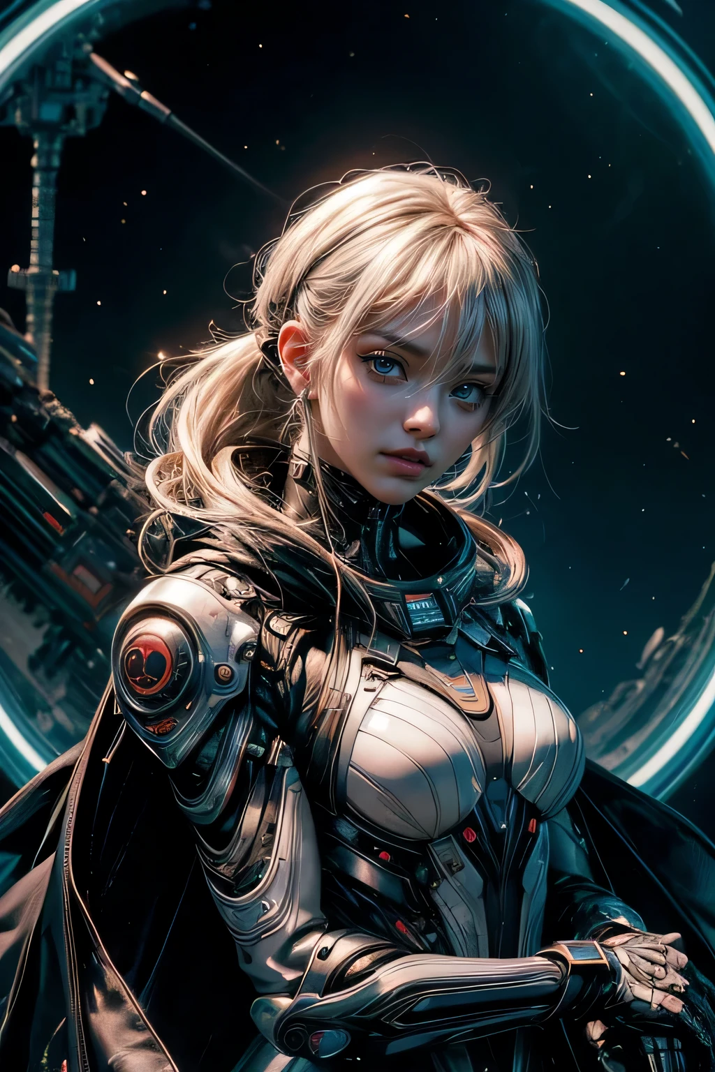 nffswメカニズム, Beautiful eyes, Upper body, （Mechanic Armor）, Portrait、abyss、Shooting with a wide-angle lens,Lightning from Kaleidoscope Hand、flying though the air、flawless、Neon light, 8K, raw, Best Quality, masutepiece, 超A high resolution, Colorful, (medium wide shot), (Dynamic perspective), The whole picture、foco nítido , (depth of field f16), ighly detailedな目と顔,ninjartist, Trimmed gear:1.2), ((masutepiece, Best Quality)), Detailed background, Inside the spacecraft、Hold your weapon、Double exposure of a person and a spiral、（Gray hair）、brue eyes、dirty、bio luminescent、lots of crescent moons、Photographed with Canon R5,​masterpiece,connected to the plug、spectrum、Space City、ighly detailed beautiful porcelain profile female android face、Complex 3D rendering of a headset、cyborgs、机器人部品、150mm、Beautiful studio soft lights、Rim Light、Vivid details、luxuriouscyberpunk、Ren Hao、surrealistic、Anatomical、Beautiful background of facial muscles、octan render、8K、top-quality、​masterpiece、illustratio、extremely delicate and beautiful、ighly detailed、nffsw ,Unity ,wall-,magnifica, Attention to detail, ​masterpiece,top-quality,Official art,Highly detailed ticker Unity 8K wallpapers、机器人、Silver Halmet、