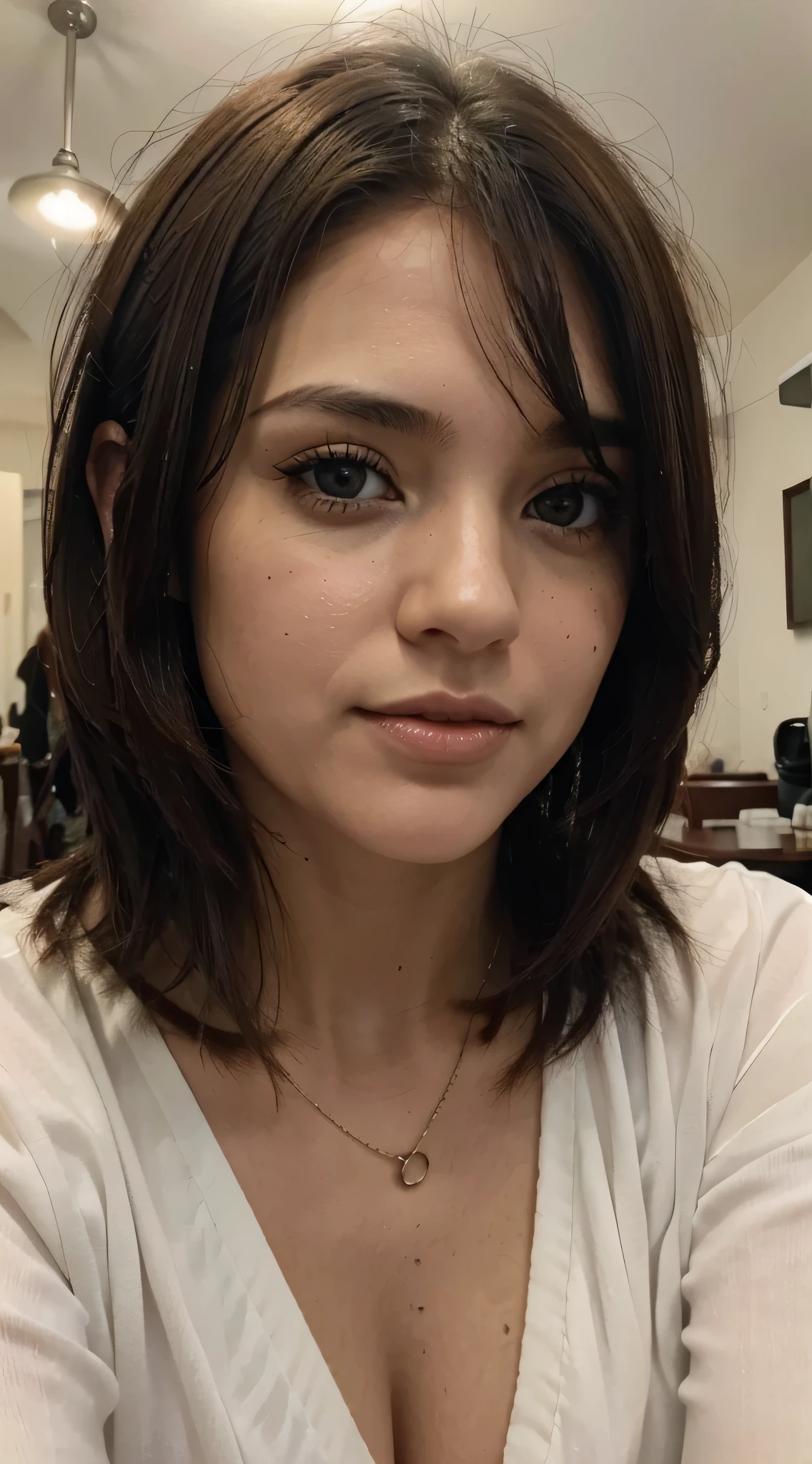 a close-up of a woman in a white blouse and brown hair, rainy day bright hazel eyes, bright amber eyes, penetrantes ojos brillantes, Lindo, Delicate features, dulce, Chica de al lado, Cabello rubio corto y ondulado, cabello corto y ondulado, Pelo corto ondulado, cabello corto rubio, chica corta y rizada de cabello rubio, Cabello ondulado y corto, Corte de pelo rizado en la parte media, Cabello rubio corto, Cabello rubio corto, corte de pelo bob rubio, hombro - cabello rubio largo, Foto de perfil de la foto de cabeza, short hair half sitting having breakfast at home a coffee, cloudy day, nublado, lluvia