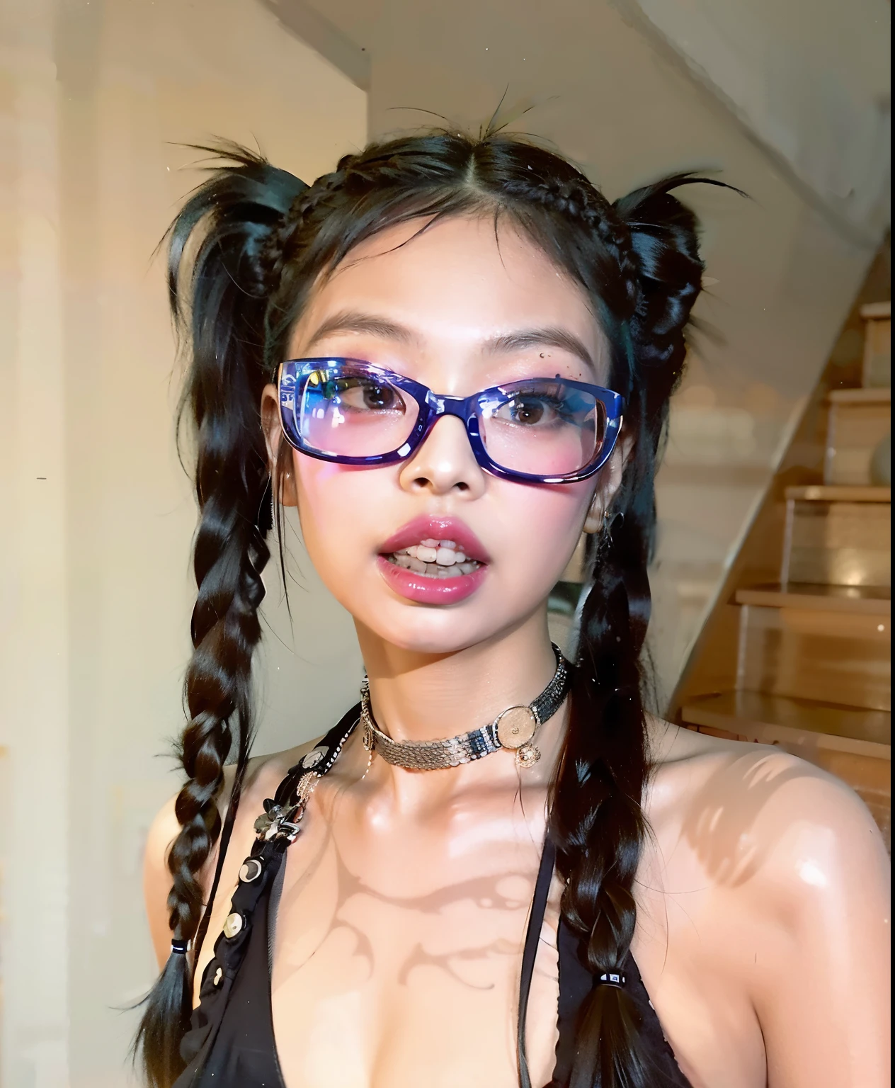 there is a woman with glasses on her face and a necklace around her neck, pigtails hairstyle, with black pigtails, two pigtails hairstyle, linda Delphine, penteado twintails, pigtails, hair in pigtails, pigtails hair, pigtail, colorful pigtail, 1 7 - year - old goth girl, long pigtail, with square glasses