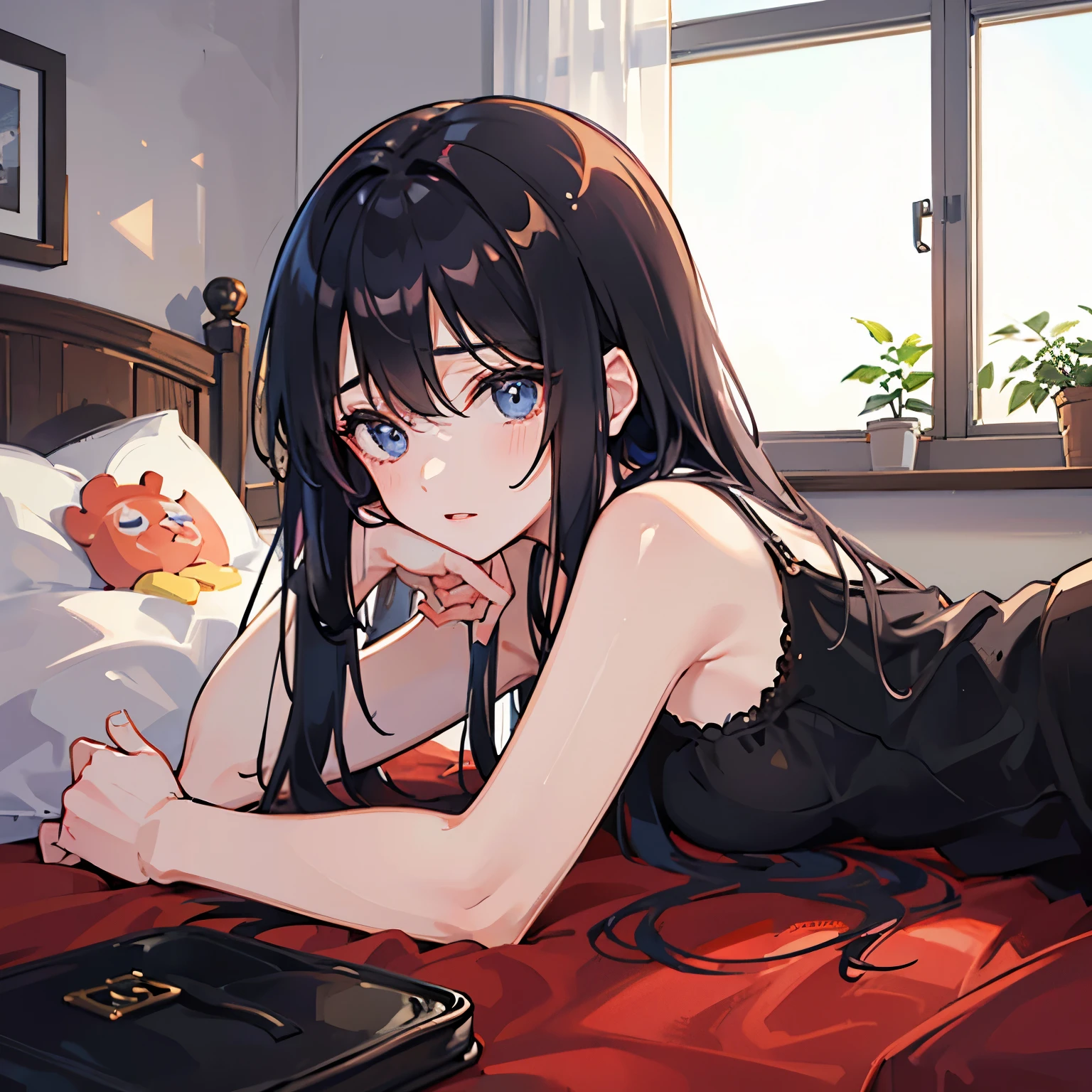 1人、girl with、Long black hair、Eyes are red、Sleeping in bed、s Pajamas、unclear、kawaii、Looking at the camera