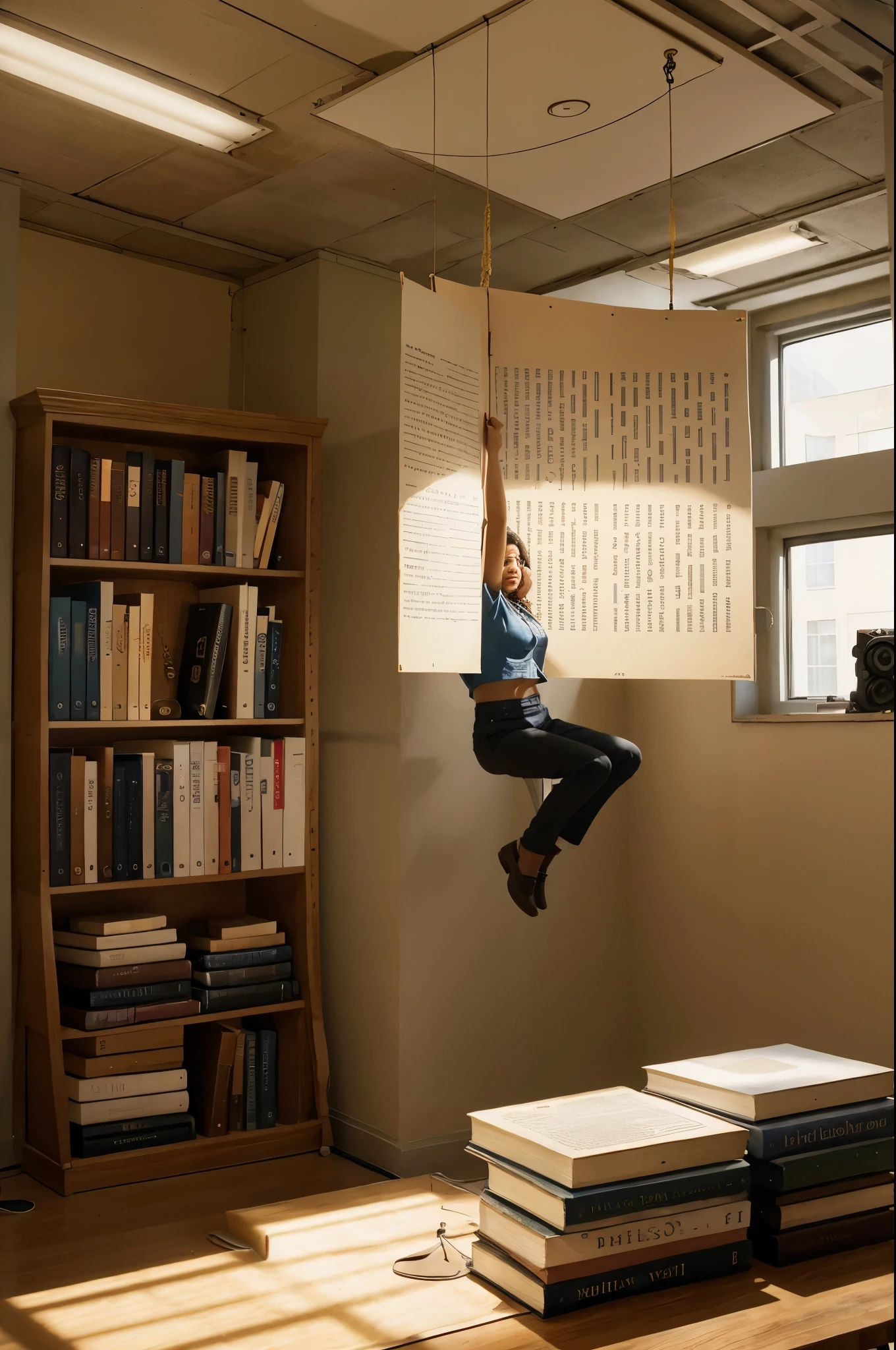 Craft an immersive art installation with oversized, open books suspended in the air. Each book could represent a different subject, with pages filled with inspiring quotes, diverse stories, and educational achievements. Surround the installation with images of students from various backgrounds, emphasizing the transformative power of education and the importance of equal access for all.