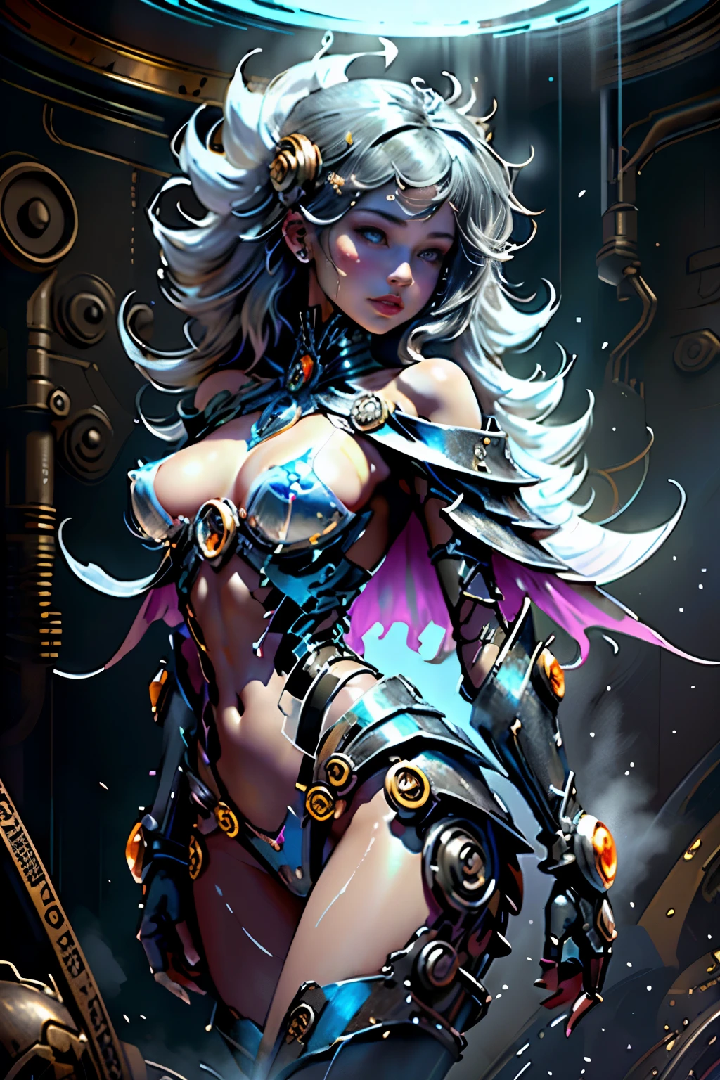 NSFW dark magician girl, Cubierta de cristal, Parte superior del cuerpo, Disparo lateral, Color alternativo, Obra maestra, detailed illustration, realista, Pixiv Calidad superior, exquisito, {{{linda 1chica dark magician girl}}}, Super beauty merging with the machine, Elaborate shabby chic pattern, Mujer hermosa y brillante, Half of my body is made of machine, Cuerpo de vidrio transparente, The machine inside is transparent, cinematic lighting, Dynamic Angle, dynamic pose, Mundo de Cristal, Profundidad de campo.
