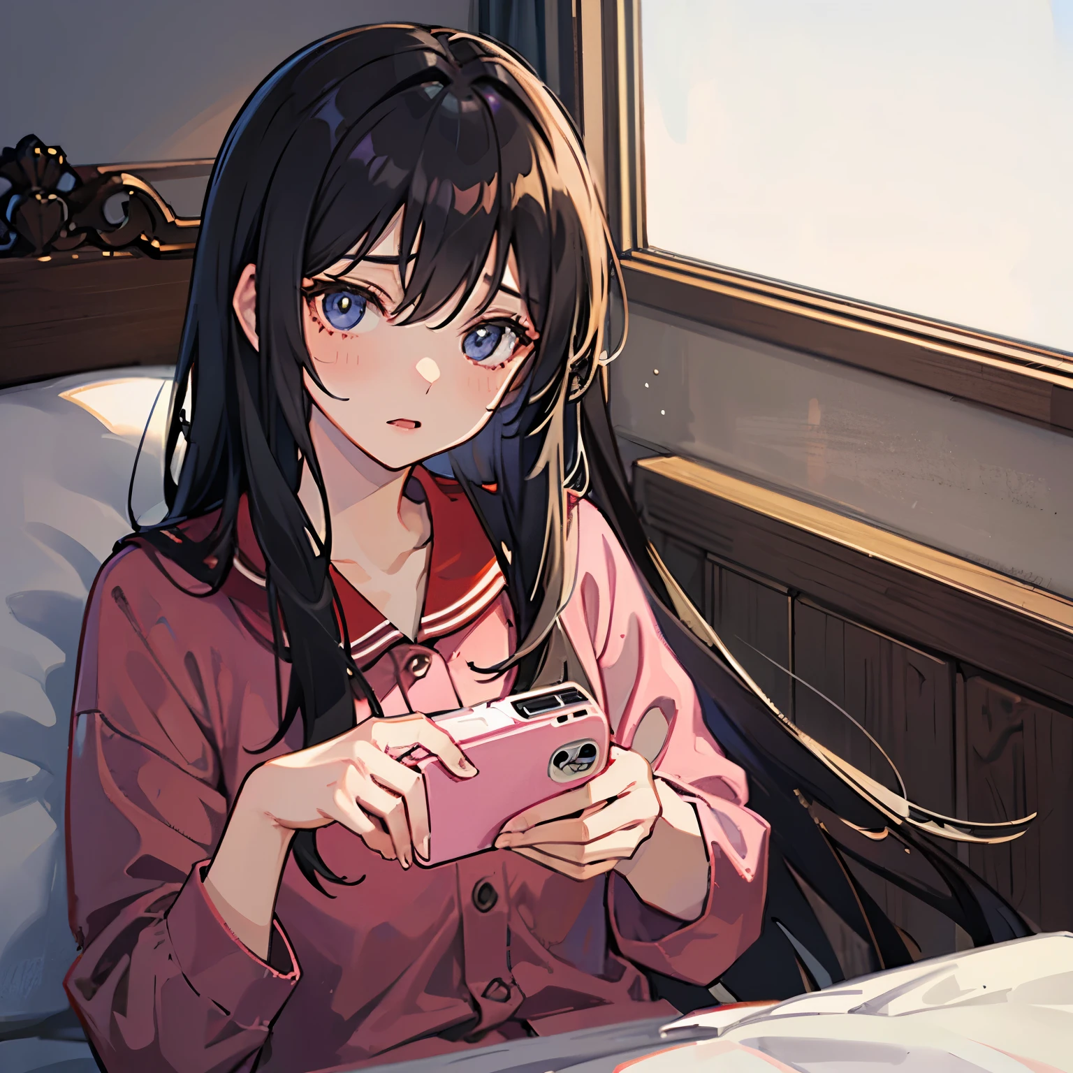 1人、girl with、Long black hair、Eyes are red、Sleeping in bed、s Pajamas、unclear、kawaii、Looking at the camera