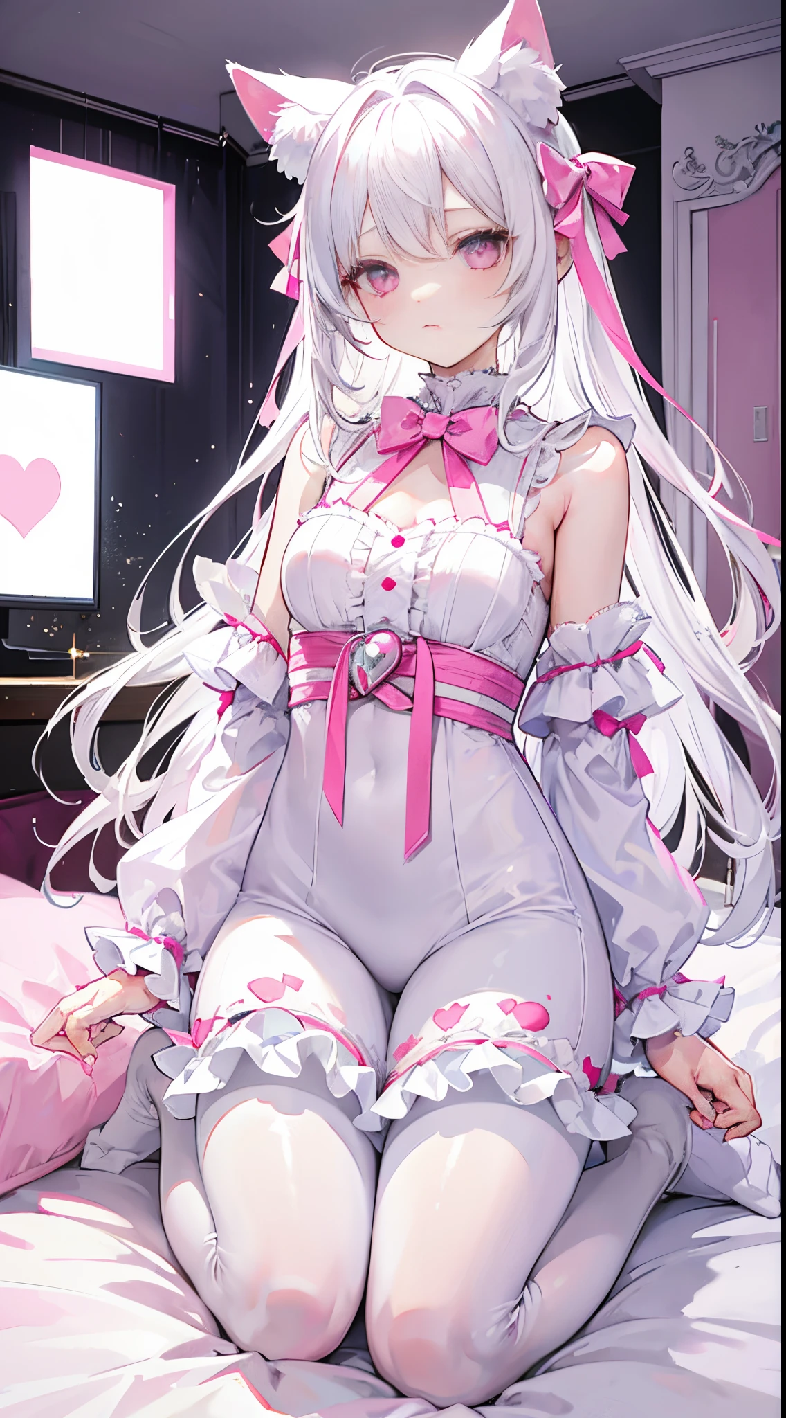 White hair，cat ear，a pink eyes，Light blue Lolita，white leggings underneath，Pink bow，Inside the room，kneeling on a bed