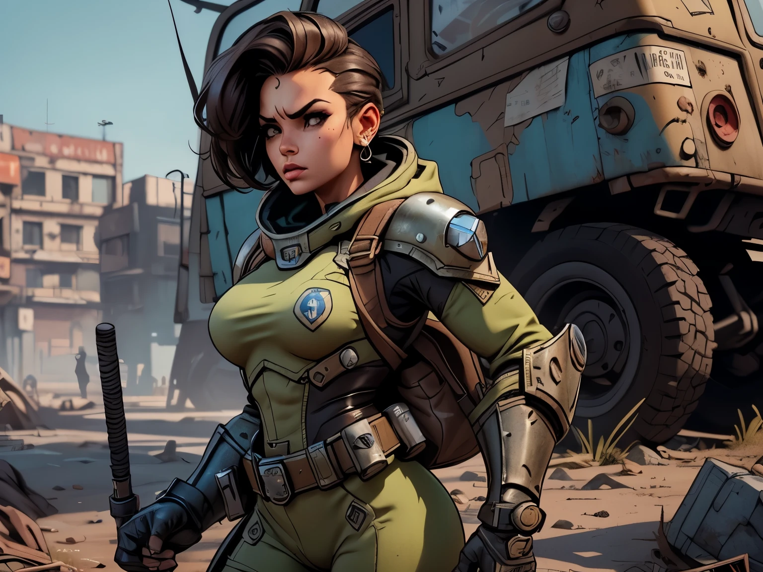 um personagem do jogo fallout 3, caminhando sozinho por uma cidade em ruinas, jogo fallout 3, ((uma personagem feminina usando Armored Vault jumpsuit azul com detalhes em cinza, universo de fallout 3, mochila nas costas)), Natural Dynamic Pose, cidade em ruinas, melhor qualidade, ultra detalhada, bem desenhado, anatomia perfeita, proporcional, character within the golden ratio of the scene