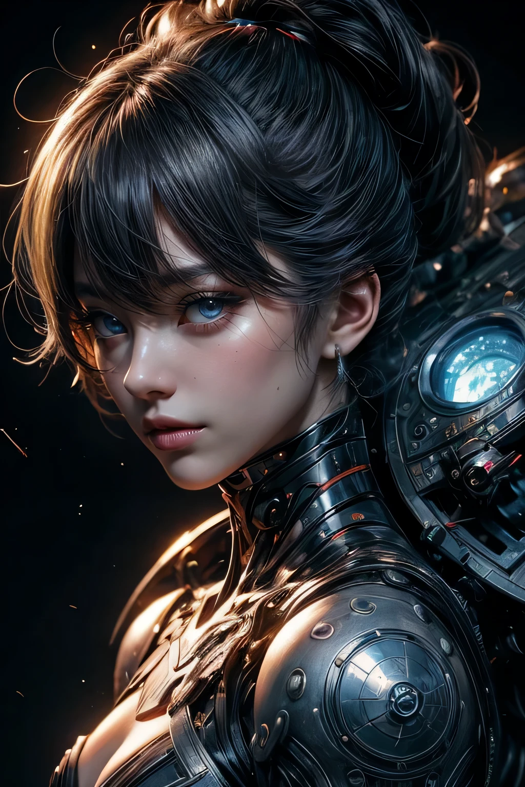 nffswメカニズム, Beautiful eyes, Upper body, （Mechanic Armor）, Portrait、abyss、Shooting with a wide-angle lens,Lightning from Kaleidoscope Hand、flying though the air、flawless、Neon light, 8K, raw, Best Quality, masutepiece, 超A high resolution, Colorful, (medium wide shot), (Dynamic perspective), The whole picture、foco nítido , (depth of field f16), ighly detailedな目と顔,ninjartist, Trimmed gear:1.2), ((masutepiece, Best Quality)), Detailed background, Inside the spacecraft、Hold your weapon、Double exposure of a person and a spiral、（Gray hair）、brue eyes、dirty、bio luminescent、lots of crescent moons、Photographed with Canon R5,​masterpiece,connected to the plug、spectrum、Space City、ighly detailed beautiful porcelain profile female android face、Complex 3D rendering of a headset、cyborgs、机器人部品、150mm、Beautiful studio soft lights、Rim Light、Vivid details、luxuriouscyberpunk、Ren Hao、surrealistic、Anatomical、Beautiful background of facial muscles、octan render、8K、top-quality、​masterpiece、illustratio、extremely delicate and beautiful、ighly detailed、nffsw ,Unity ,wall-,magnifica, Attention to detail, ​masterpiece,top-quality,Official art,Highly detailed ticker Unity 8K wallpapers、机器人、Silver Halmet、