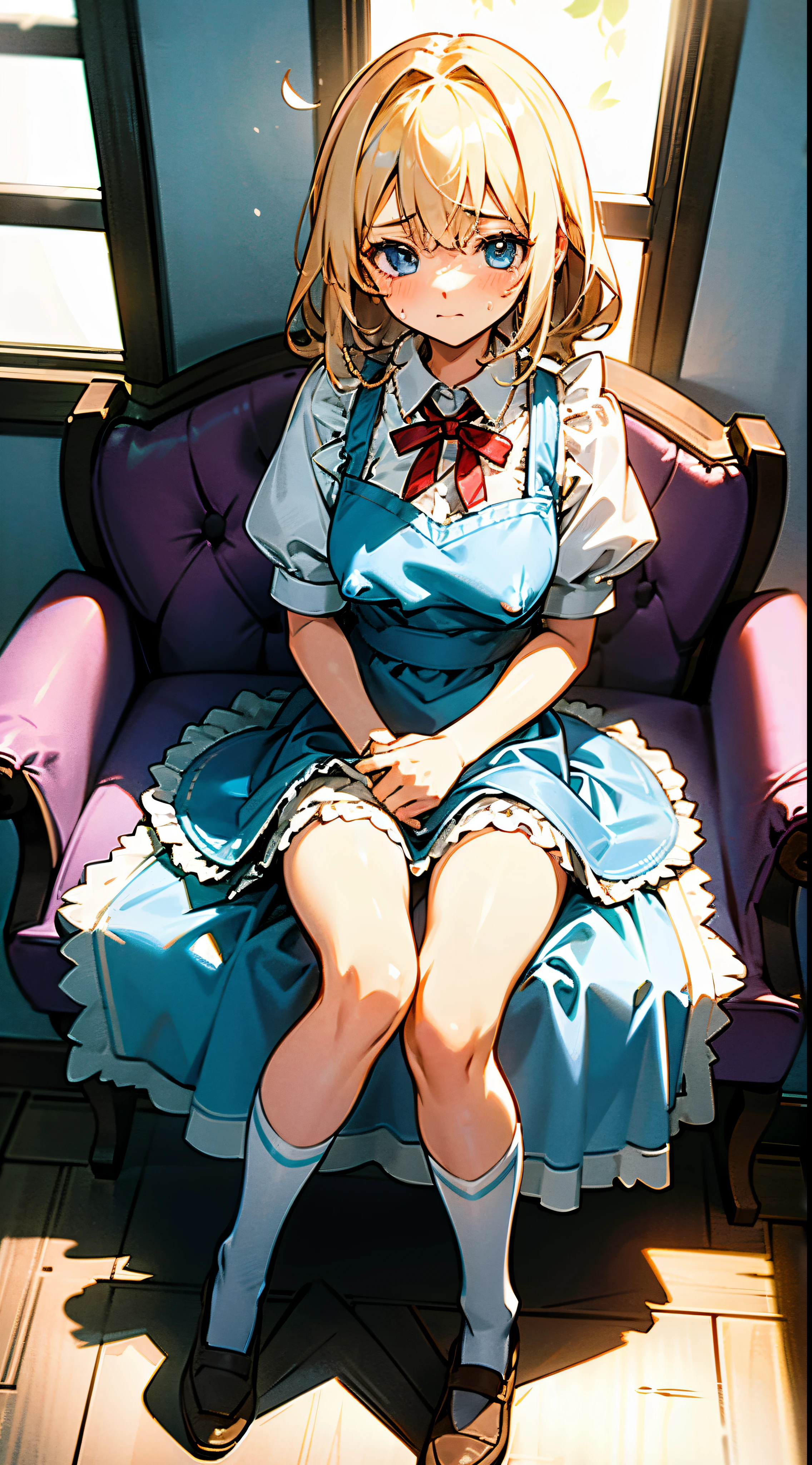 alice in the wonderland, Super cute girl, a blond, long, shame, your face looks like me'Because I feel like crying'I'm embarrassed because pee came out., light blue fluttering short dress, frilld付きの白いエプロンスカートを重ねて, frilld, B-cup breast, Light blue fluttering mini skirt, long white knee-high socks that go above the knee, and draw the full body, Sitting on a chair, Inside an old Western-style building, absurd worldview, A window that lets in bright sunlight, Her clothes are a little disarrayed and her breasts are exposed.., Draw nipples,Her skirt is a little disarrayed and her crotch is visible.., draw the genitals in the crotch, pee, When you pee, urine comes out from your crotch and flows down your thighs..