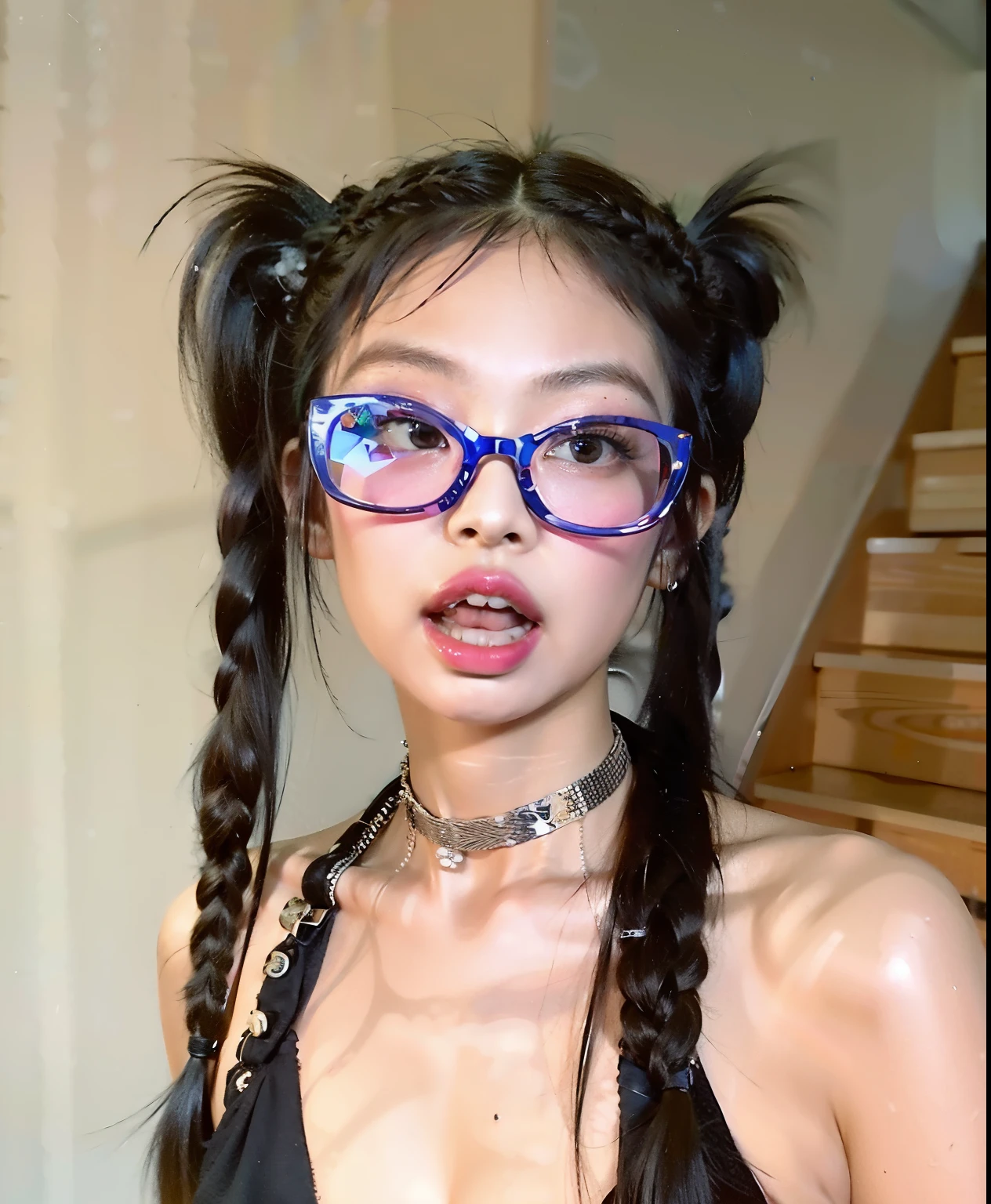 there is a woman with glasses on her face and a necklace around her neck, pigtails hairstyle, with black pigtails, two pigtails hairstyle, linda Delphine, penteado twintails, pigtails, hair in pigtails, pigtails hair, pigtail, colorful pigtail, 1 7 - - old h girl, long pigtail, with square glasses