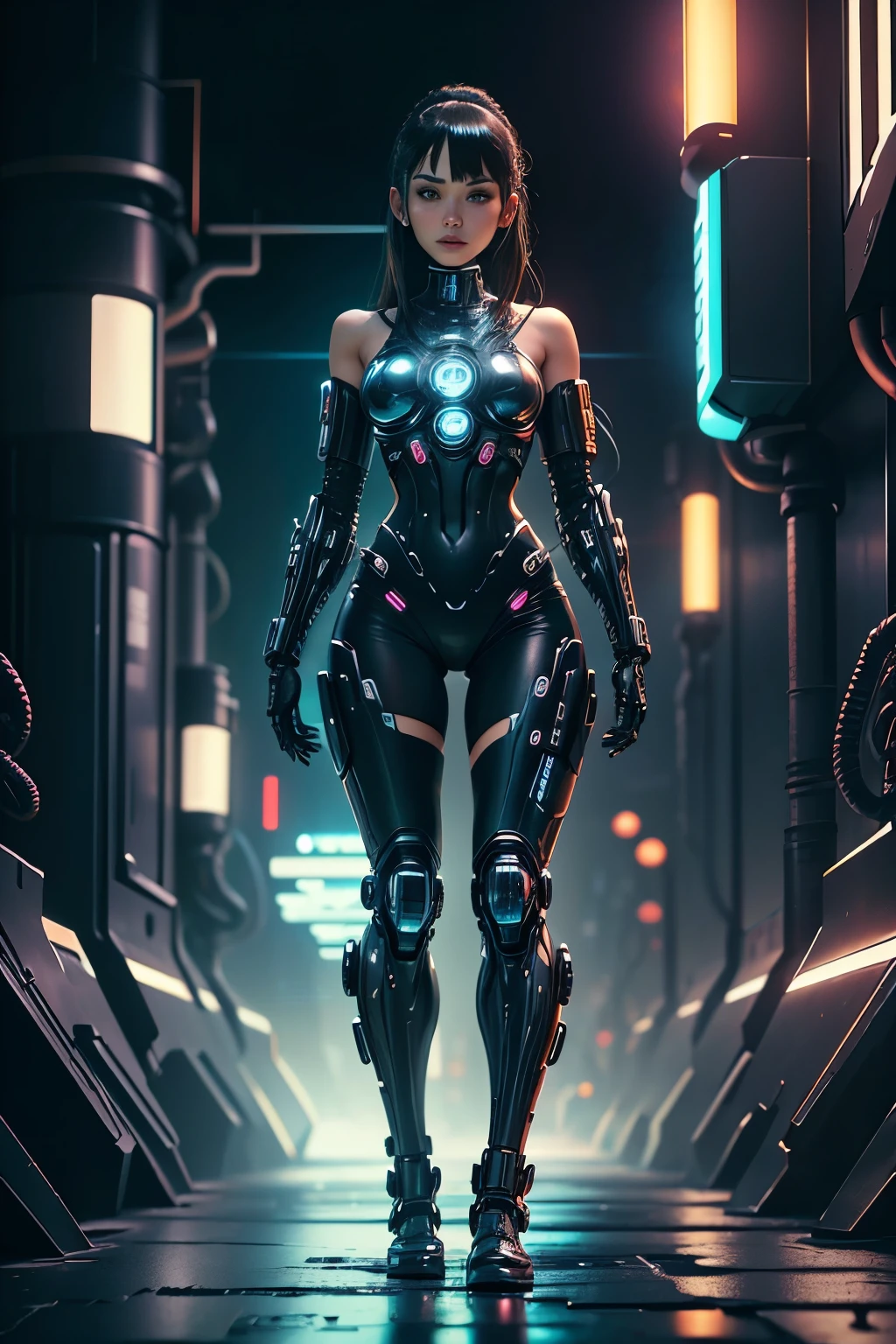 Cyberwoman Hall in Cyberpunk City of the Future々and cyberpunk women, with a full body on display, is depicted in a futuristic cyberpunk city. His eyes sparkle with intense neon, reflecting the cityscape filled with dystopian skyscrapers, holographic advertisements and flying vehicles amid a night sky lit by vibrant neons. The cybernetic woman sports a shiny metallic skin, covered in intricate cybernetic details and circuit tattoos. His posture is confident、Challenging