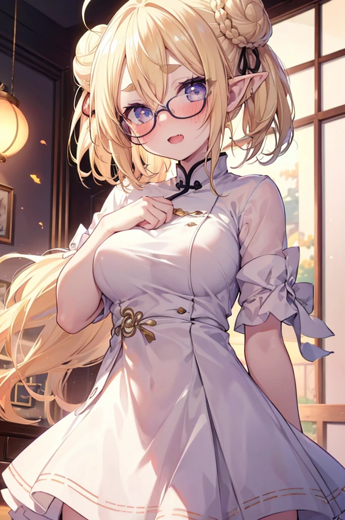 ultra detailed, best quality, high resolution, ((16k)), ((1girl)), pale skin, petite, (glossy blonde hair:1.5), (very short hair), (ahoge:1.3), (glasses), pointy ears, (blush:1.5), blue eyes, medium breasts, smile, cowboy shot, chinese store, big hair ribbon, ((double bun)), ((fang)), open mouth, (forehead:1.3), (thick eyebrows), ((pretty china dress)), ((fall down)), ((wavy mouth)), ((skirt lift)), nsfw