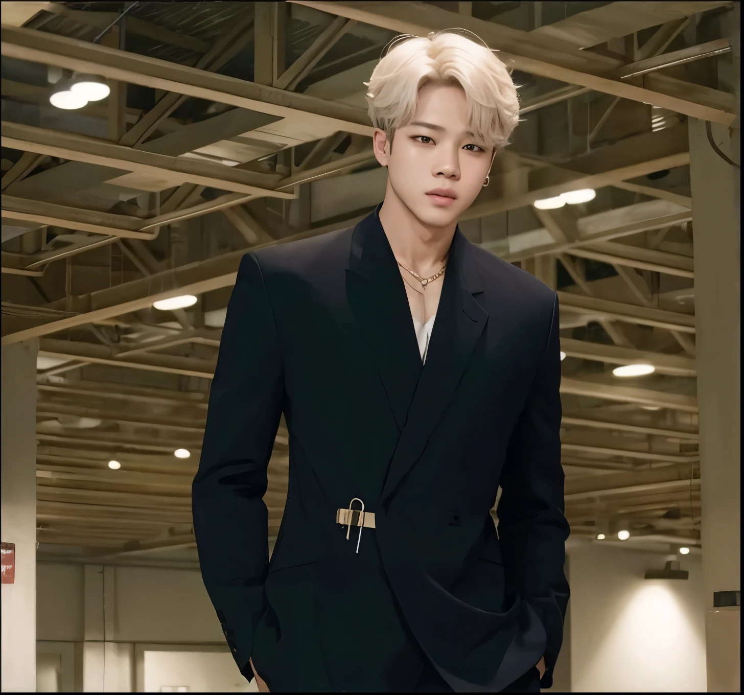 Jimin caminhando em um salao, looking at the camera