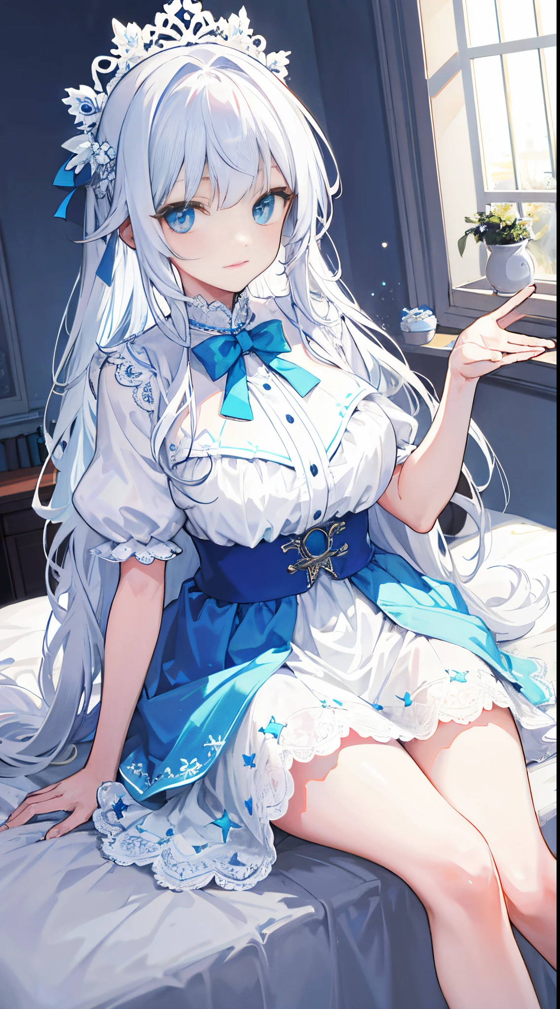 On a very large white bed, white pillows, white light, There is one girl, sit on a bed, Wearing a white princess dress, White stockings, A blue bow is tied around the waist, There is a blue band on the wrist, blue color eyes, Long white hair, exquisite facial features, Beautiful and moving, (Vivid depiction), Single braid, color difference, reflective light, hyper HD, tmasterpiece, super detailing, high detal, Best quality at best