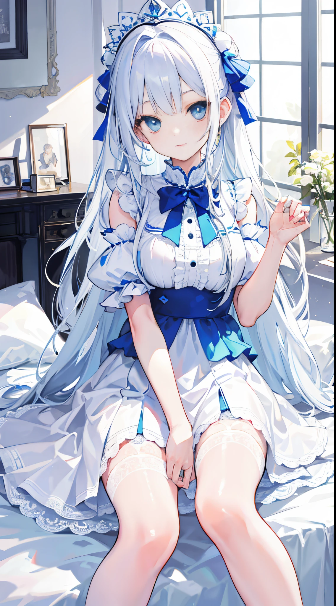 On a very large white bed, white pillows, white light, There is one girl, sit on a bed, Wearing a white princess dress, White stockings, A blue bow is tied around the waist, There is a blue band on the wrist, blue color eyes, Long white hair, exquisite facial features, Beautiful and moving, (Vivid depiction), Single braid, color difference, reflective light, hyper HD, tmasterpiece, super detailing, high detal, Best quality at best