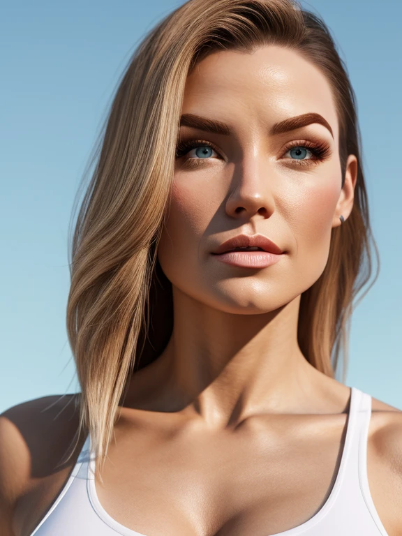 3d realistic cartoon avatar, [front view], [25 year old fitness model woman], [blonde hair, modern, [blue eyes], [fitness clothing], white background