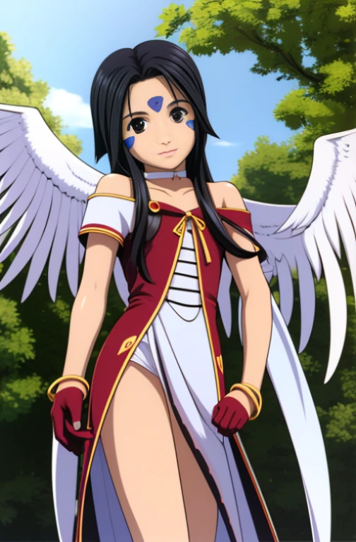 (masterpiece), bestquality, high-res, skull, long-haired, Black eye, Black Hair, facial mark, Forehead marker, gloves, wings, choker, bracelet, rings, body hair, angel wings, Straight face, Look at the camera.,  (Forrest:1.1), stand, 14 years old
