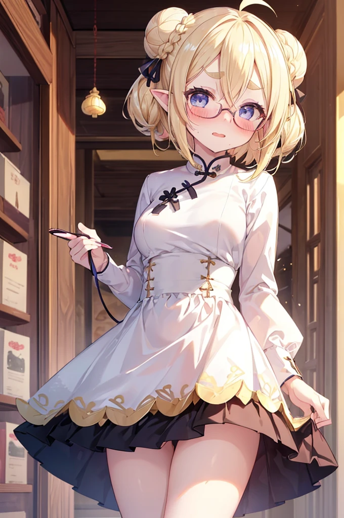 ultra detailed, best quality, high resolution, ((16k)), ((1girl)), pale skin, petite, (glossy blonde hair:1.5), (very short hair), (ahoge:1.3), (glasses), pointy ears, (blush:1.5), blue eyes, medium breasts, smile, cowboy shot, chinese store, big hair ribbon, ((double bun)), ((fang)), open mouth, (forehead:1.3), (thick eyebrows), ((pretty china dress)), ((fall down)), ((wavy mouth)), ((skirt lift)), nsfw, panty shot, ((chibi))